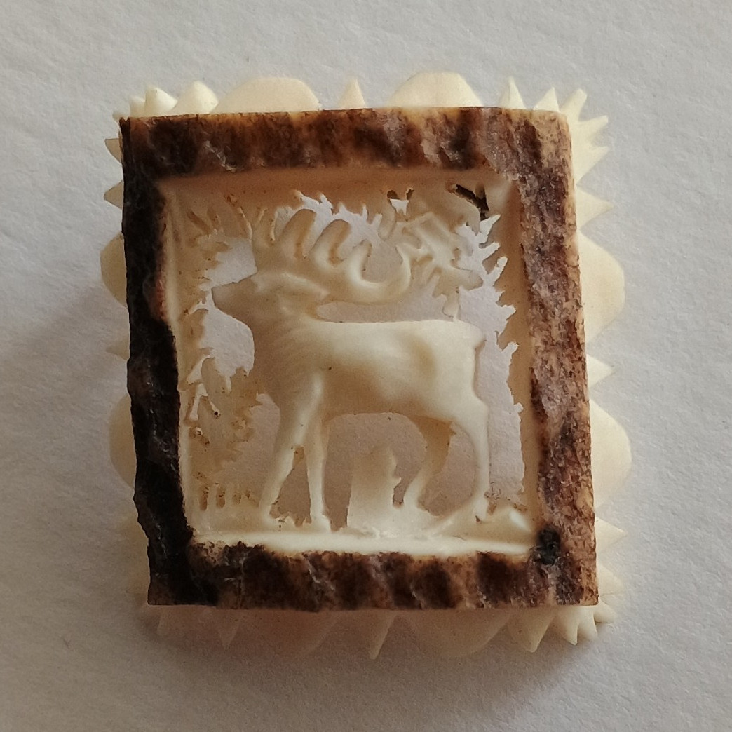 Vintage Hand Carved Antler Stag Brooch Folk Art