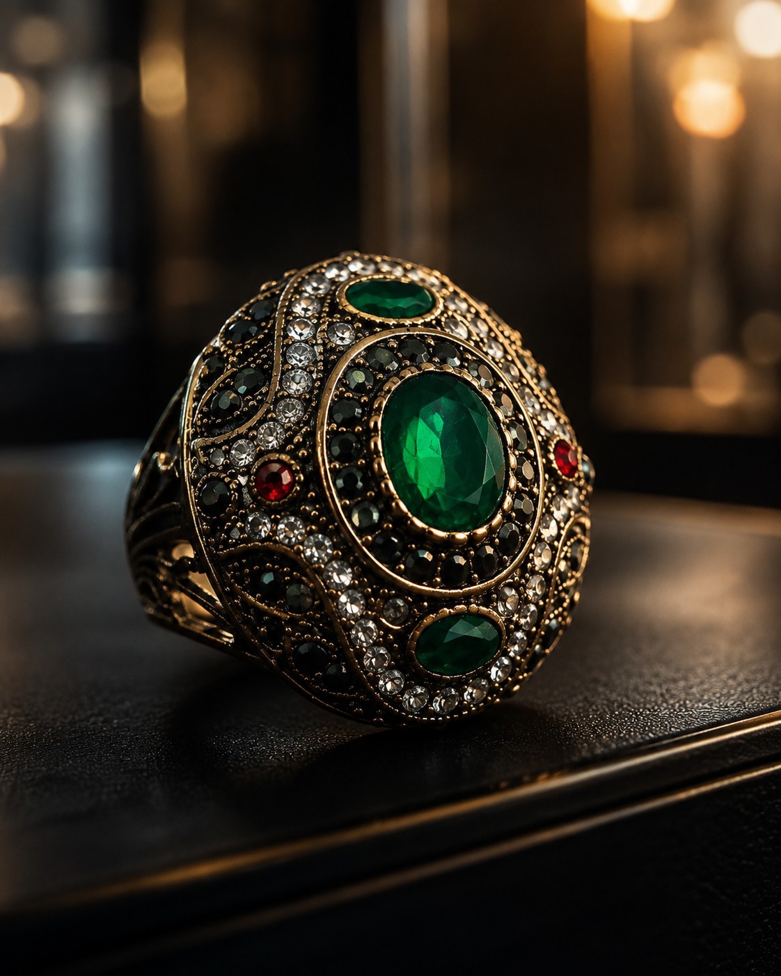 Vintage Gold Tone Emerald Red Black Crystal Statement Ring Size 8 Women’s