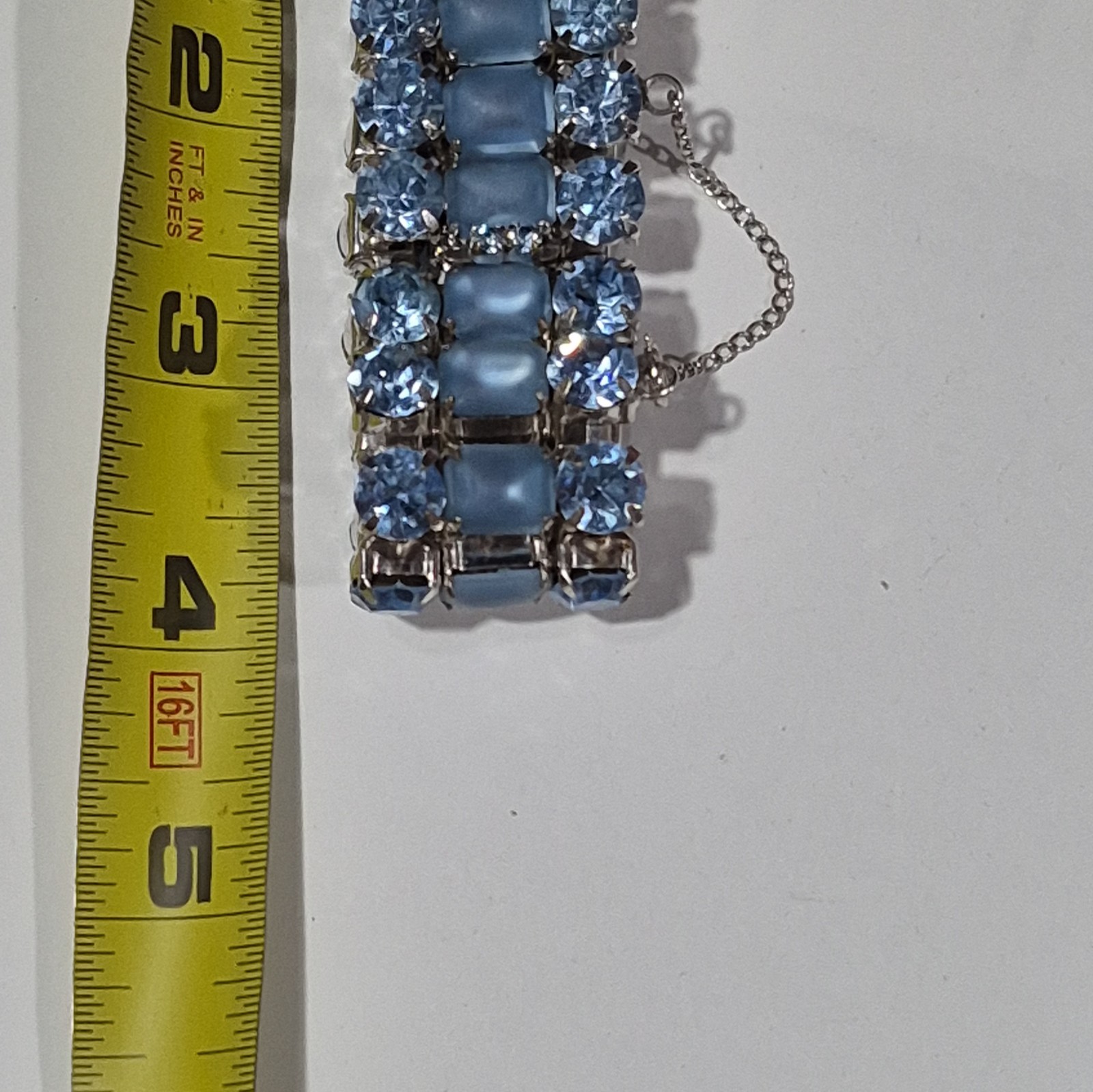 Blue Crystal Tennis Bracelet, Safety Chain, Silver Tone, 7.5in, Box Clasp