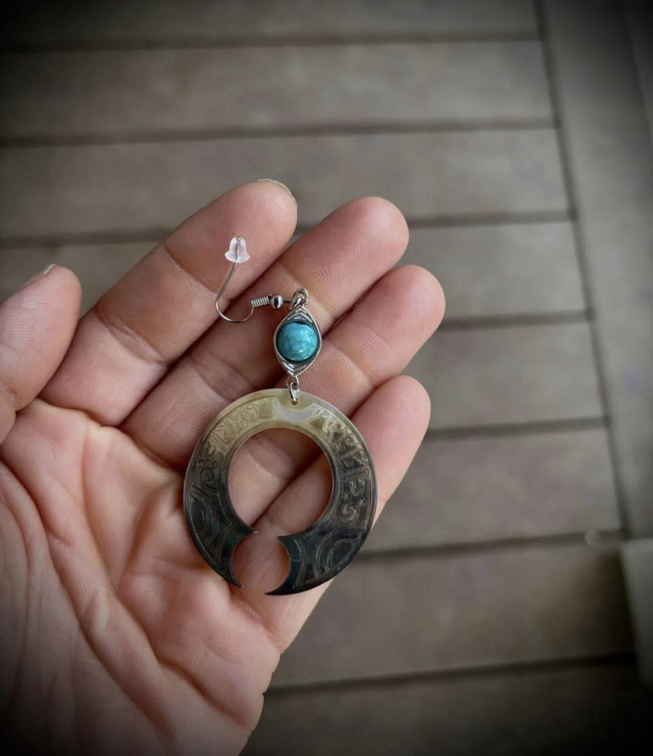 Silver Tone Turquoise Cabochon Dangle Drop Earrings Hook Closure Round Hoop