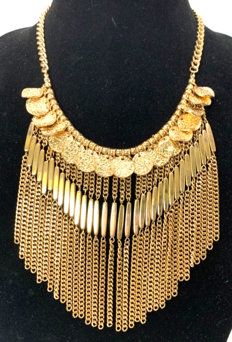 Unique Gold Tone Fringe Chain Round Disc Accent Bib Statement Necklace