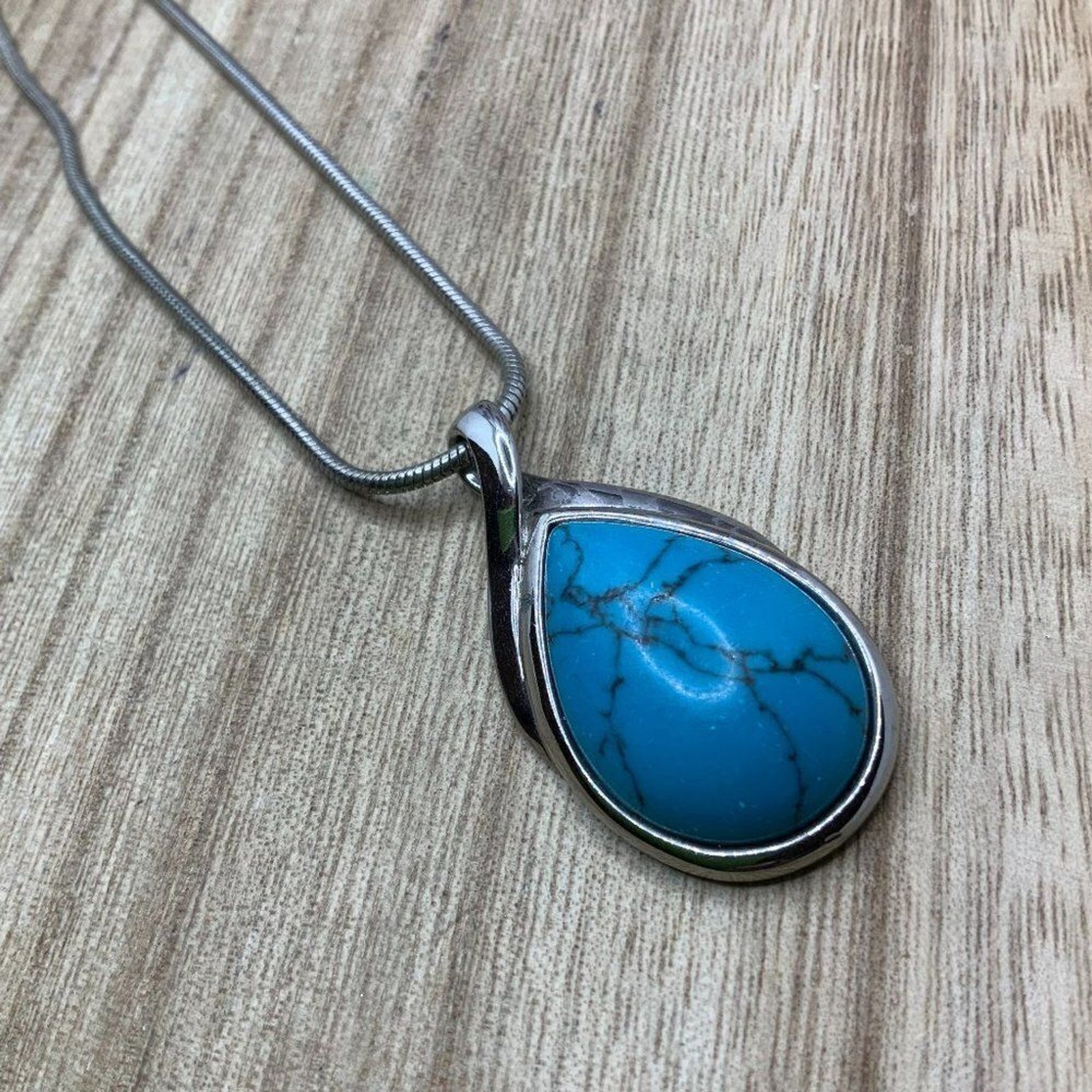 Lia Sophia “Mohave” Genuine Turquoise Teardrop Pendant Silver Tone Necklace