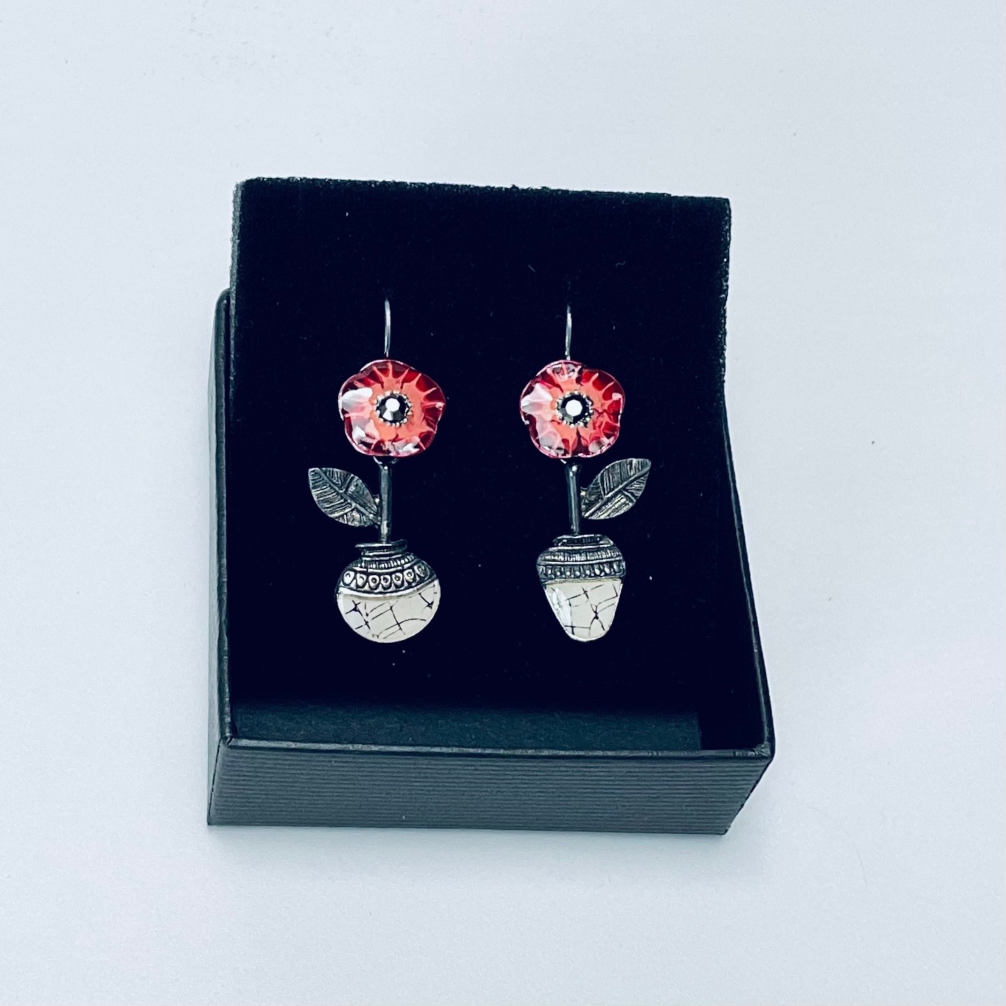 Coloritis Red Floral Enamel Metal Dangle Earrings From Zurich, Germany