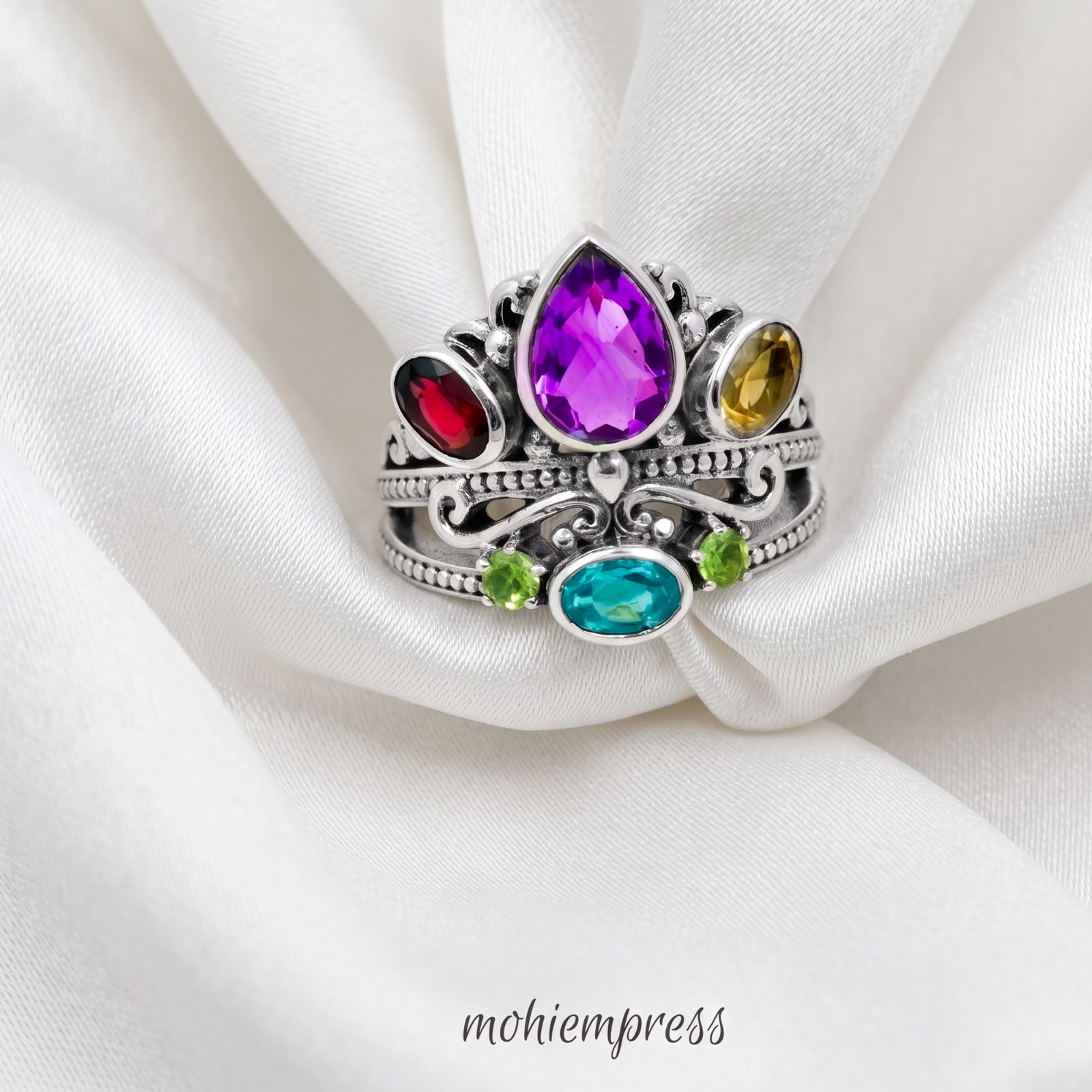 Multi Gemstone Statement Ring 925 Sterling Silver, Vintage Crown Ring