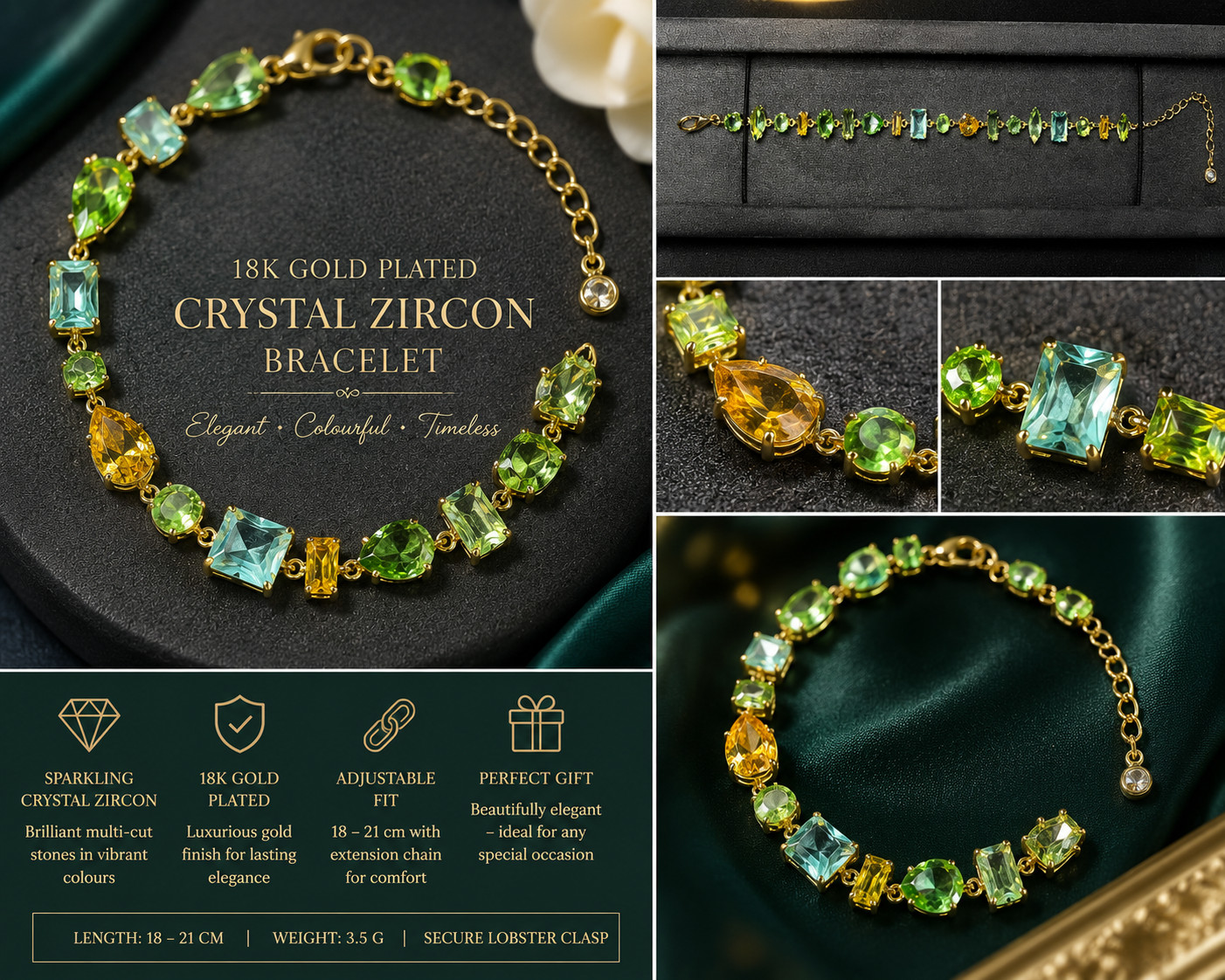 18K Gold Plated Crystal Zircon Bracelet Green Blue Yellow Pave Adjustable 21cm