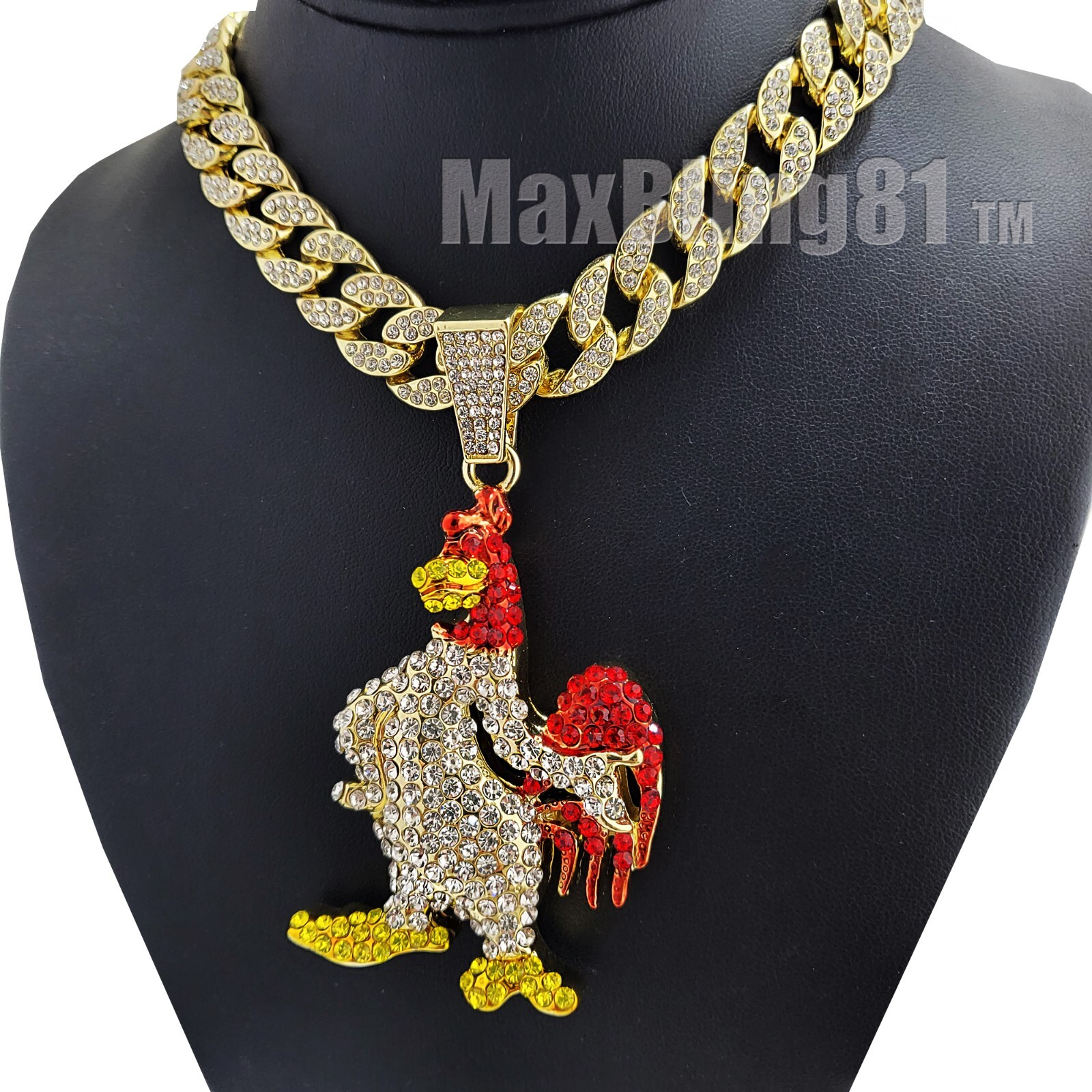 Gold PT Large Chicken Pendant 15mm 16″ 18″ 20″ 24″ 30″ Iced Cuban Chain Necklace