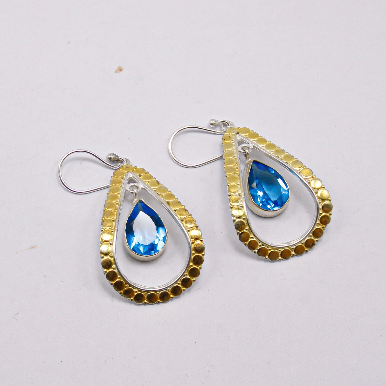 925 Silver Swiss Blue Topaz Gemstone Earrings Handmade Jewelry 2.27″ For Gift’s