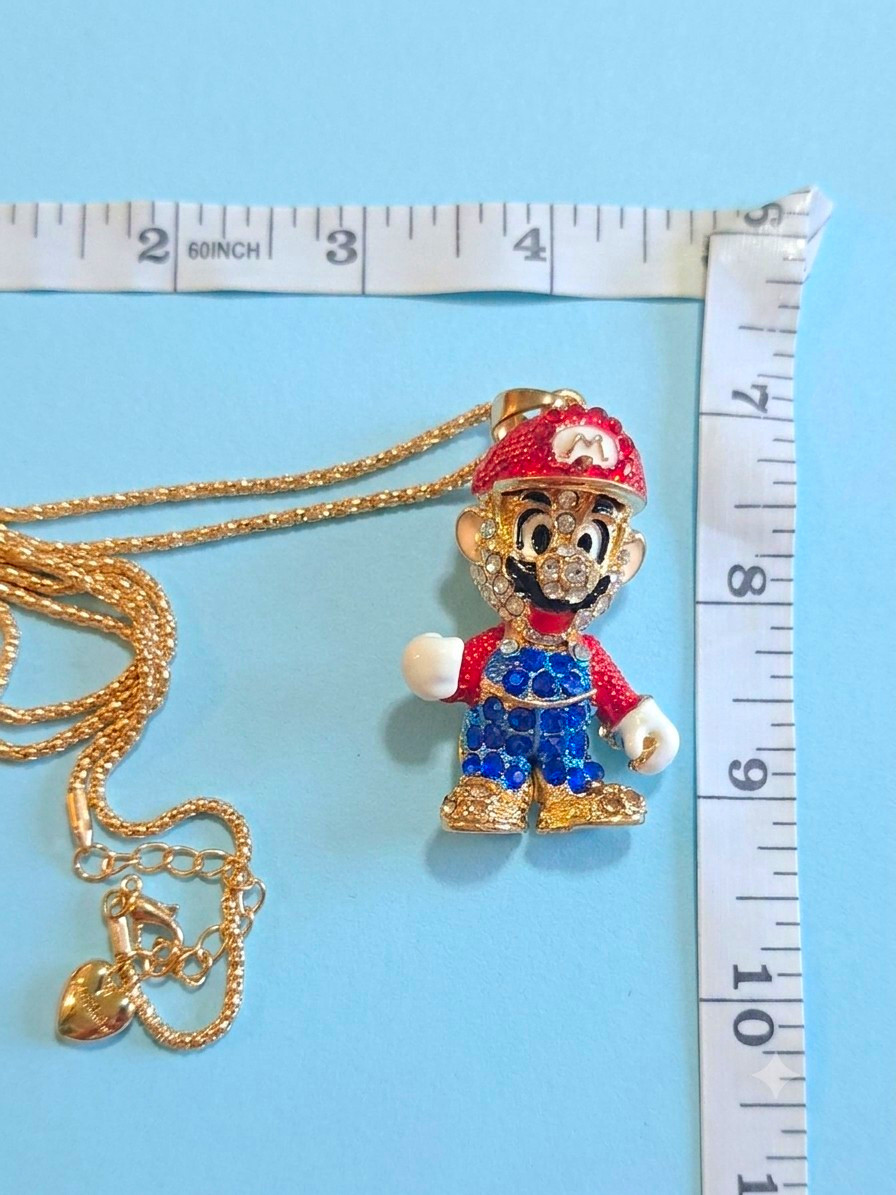 Gold Tone Rope Chain Necklace Cartoon Enamel Charm Pendant Clear Rhinestones