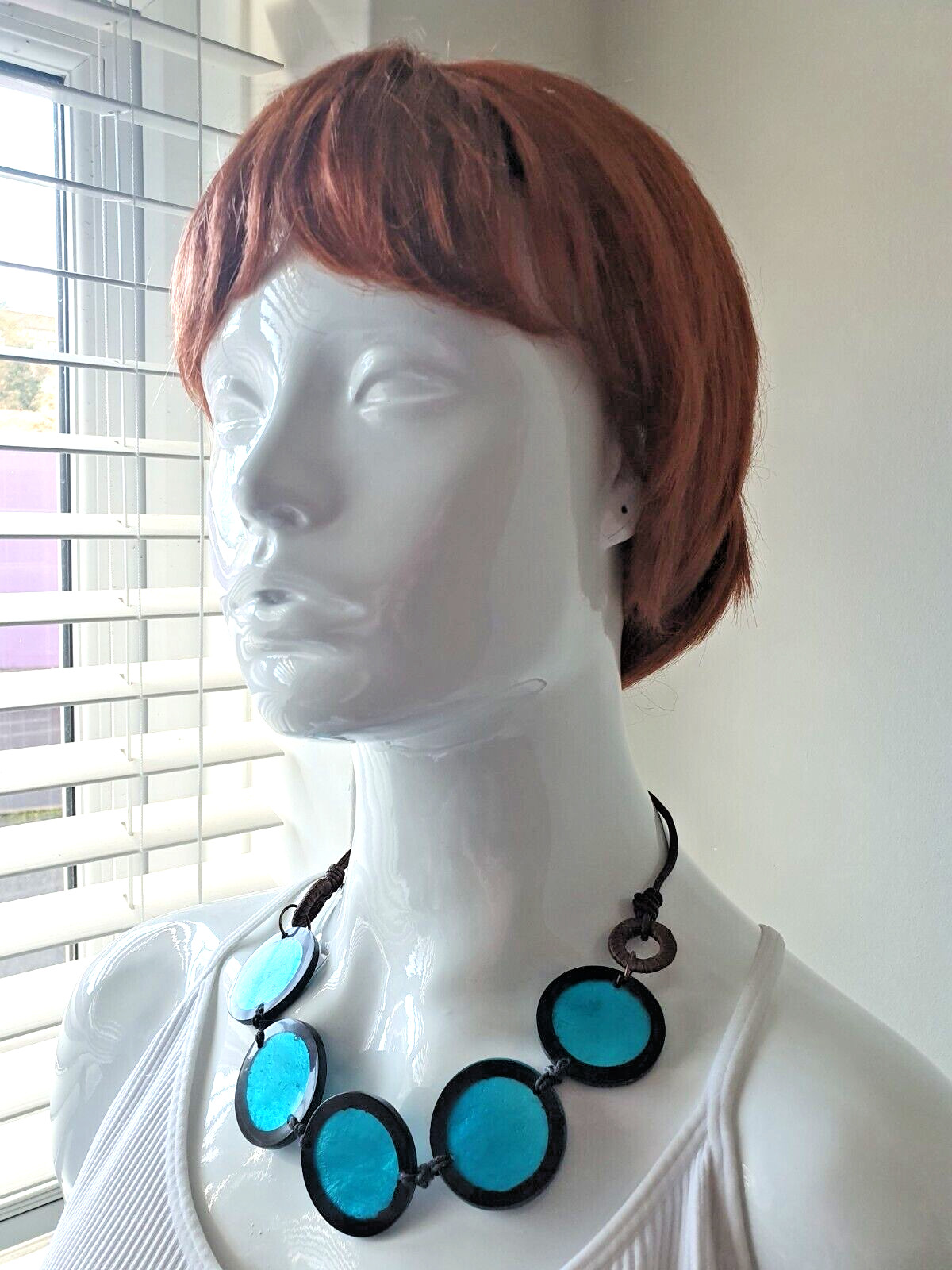 Artisan Studio Blue Dyed Shell Acrylic Disc Round None Metal Statement Necklace