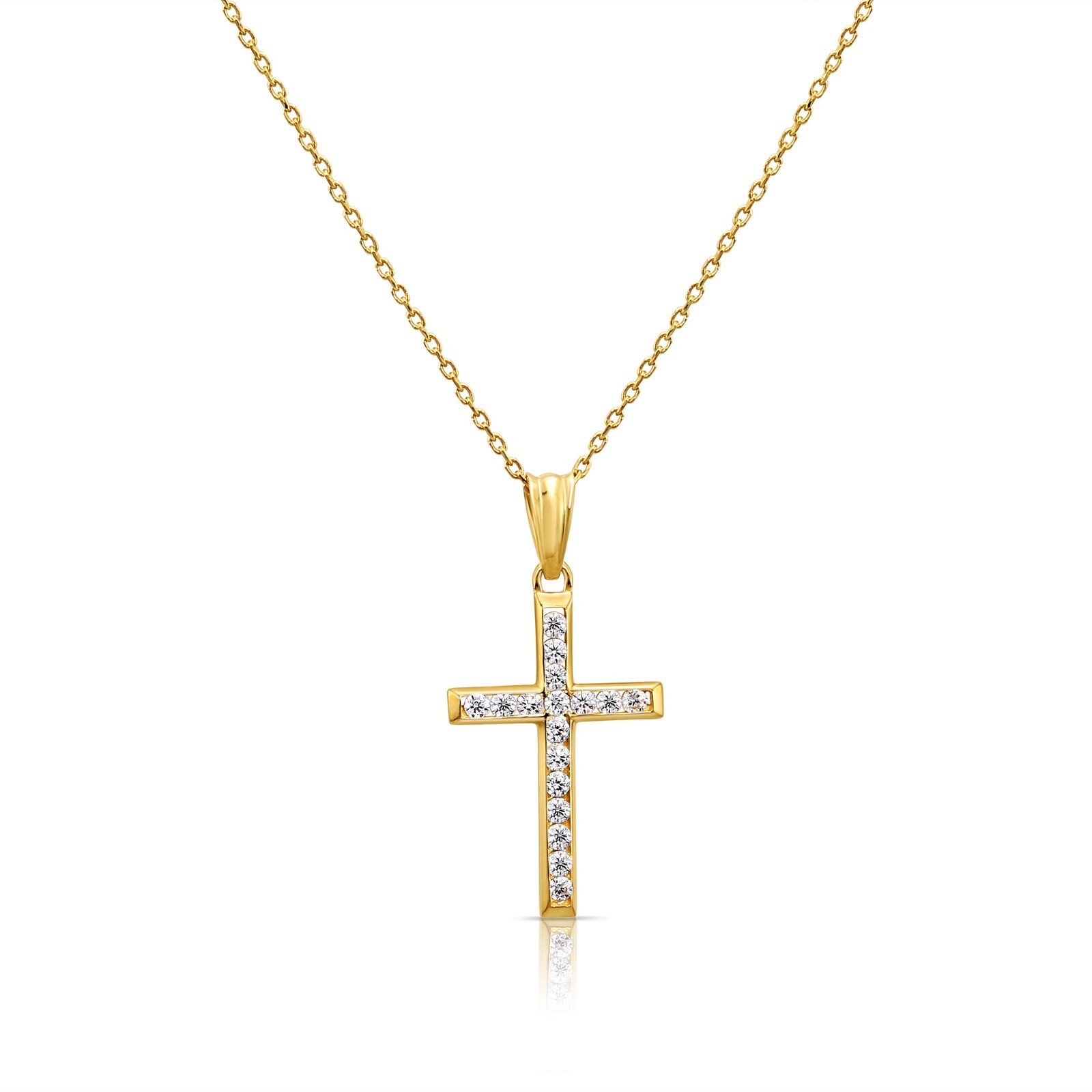 14K Real Solid Yellow Gold Dainty Cross Christian CZ Pendant Charm Necklace 18in