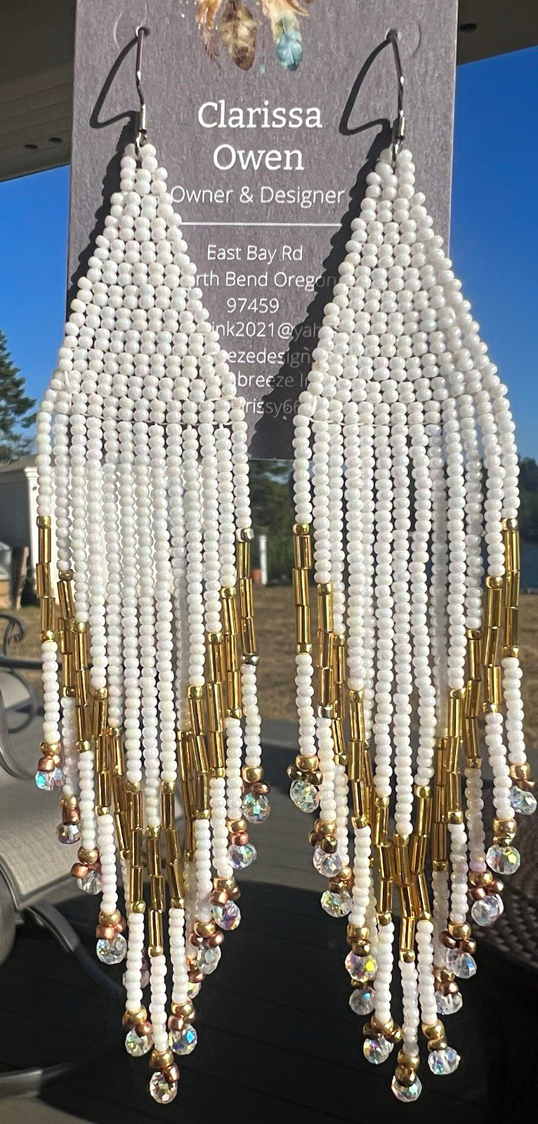 Clarissa Owen White Beaded Tassel Dangle Hook Earrings Gold Tone Crystal Drops