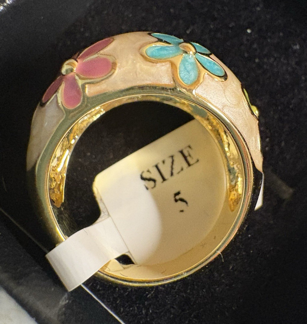 Gold Tone Multicolor Enamel Flower Dome Cocktail Ring Size 5 No Stone