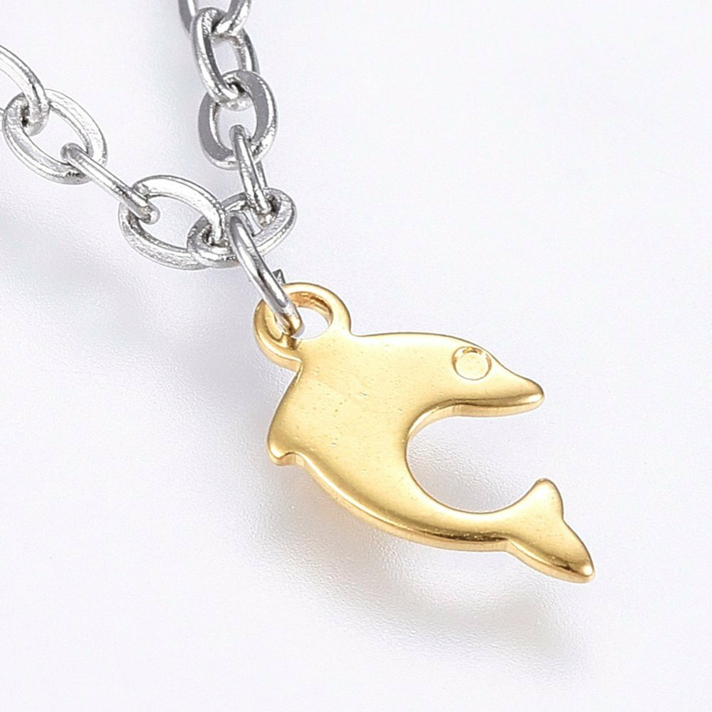 Stainless Steel Charm Bracelet Lobster Dolphin Gold Silver Color 7.8″ 2.5mm A72