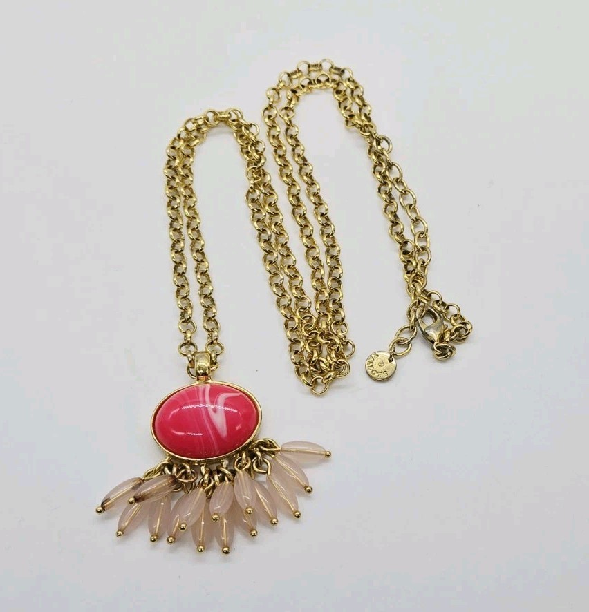 Talbots Pendant Necklace Pink Lucite Cabochon Gold Tone Rolo Chain Couture 35 in