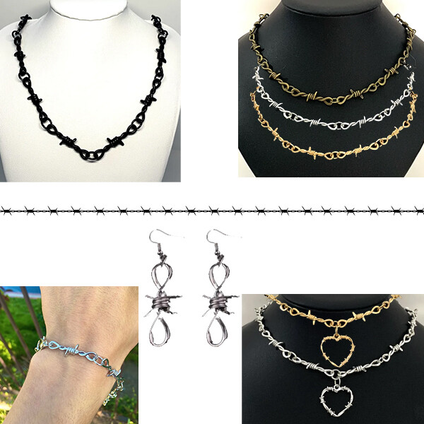 Barbed Wire Thorns Chain Choker Jewelry Necklace Punk Bracelet Earrings Rings