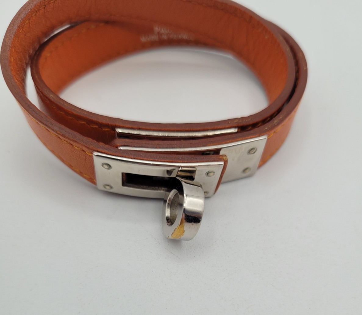 Hermès Double Tour Kelly Bracelet Orange Leather Palladium Size 1