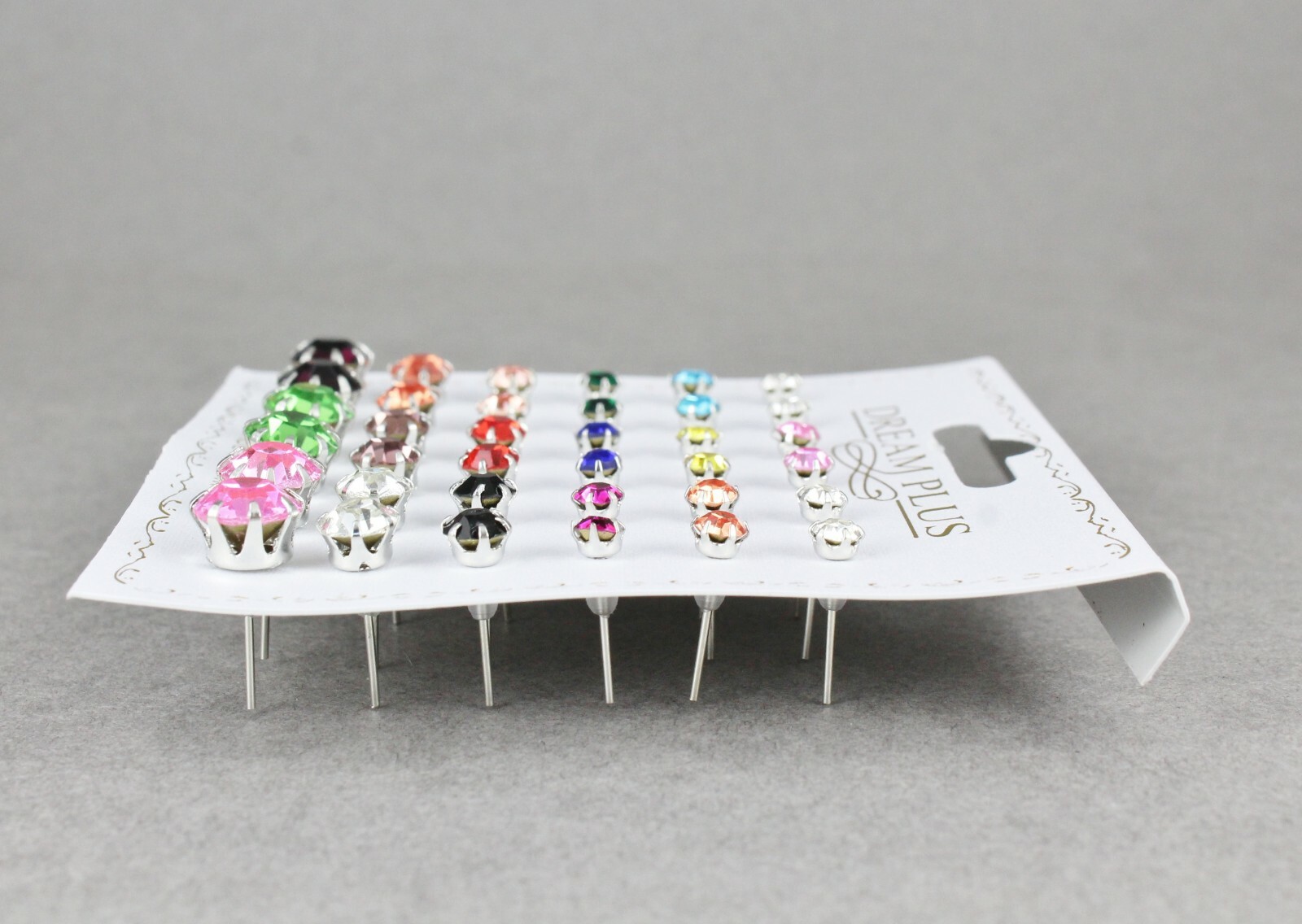 18 pair round faceted stud post crystal earrings graduated size multi color set