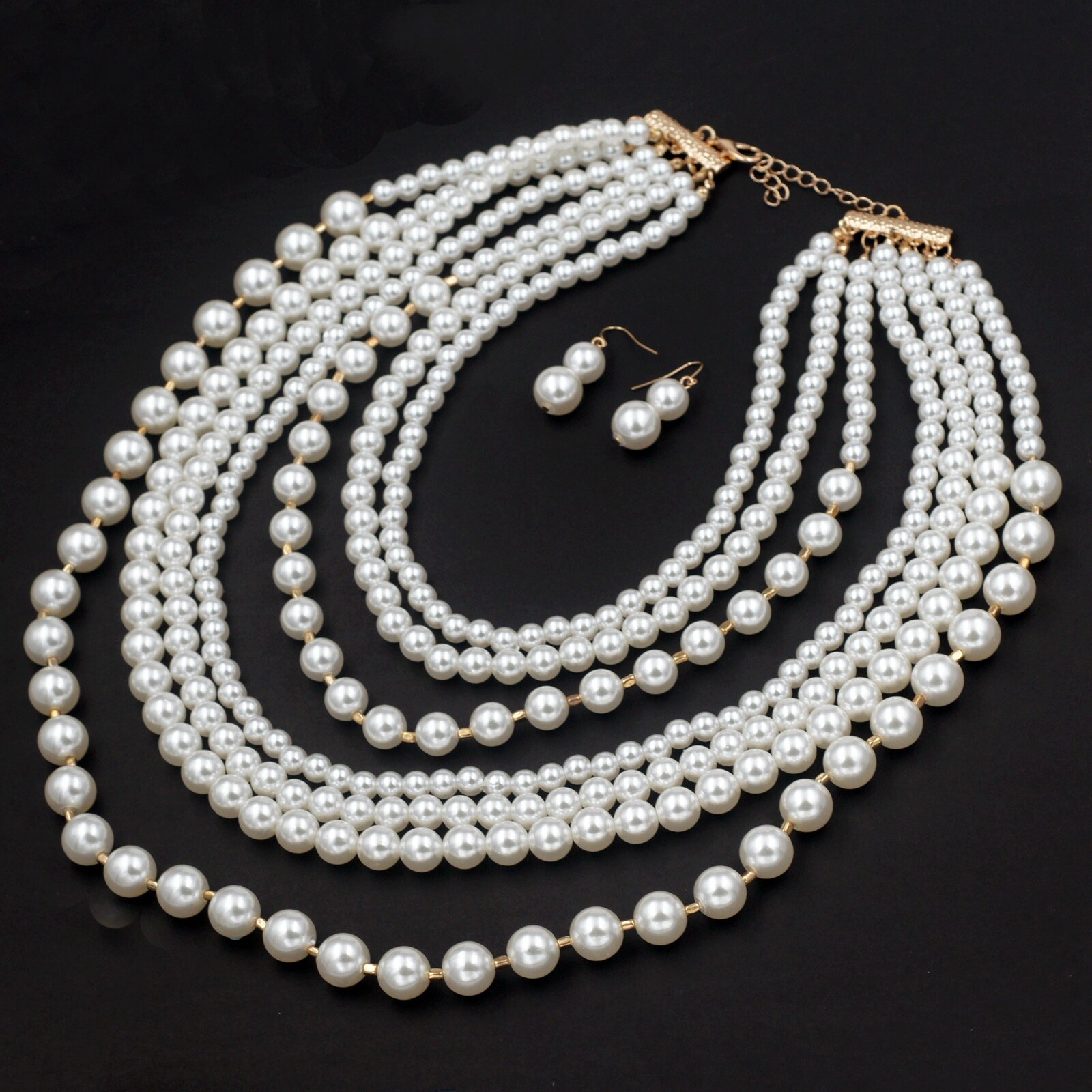 White Pearl Multi Layered Strand String Necklace Bib Earrings Jewelry set 0094