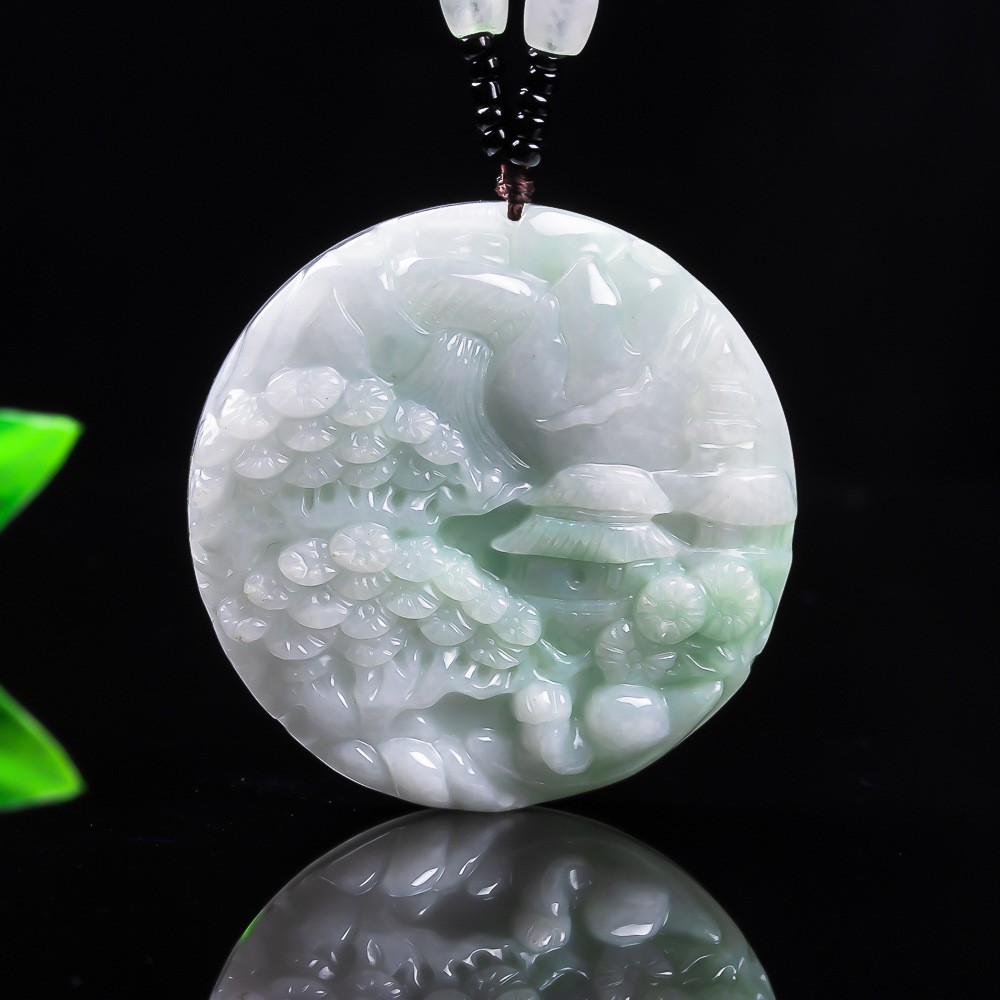 Type A Myanmar Double Sided Round Landscape Jadeite Pendant Carved Jewelry Gift