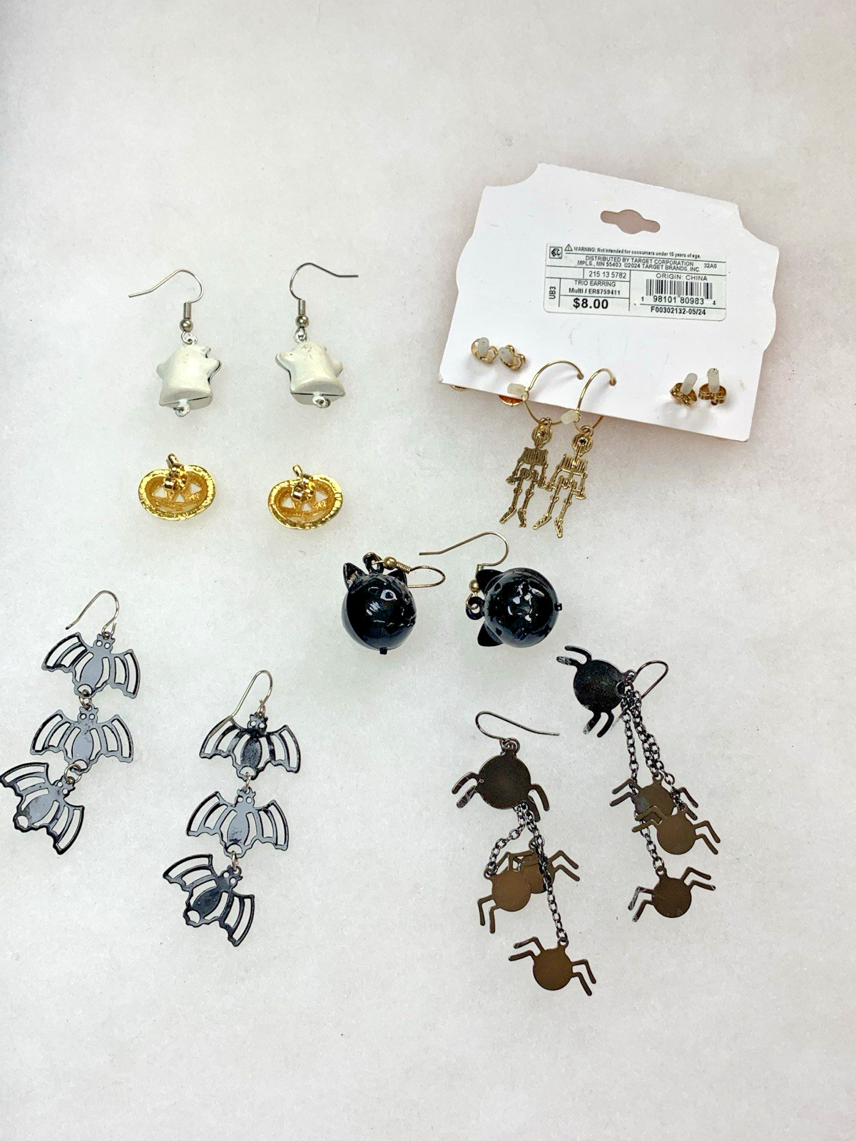 Halloween Jewelry Lot 8 Pairs Earrings Ghost Bat Spider Pumpkin Skeleton Cat