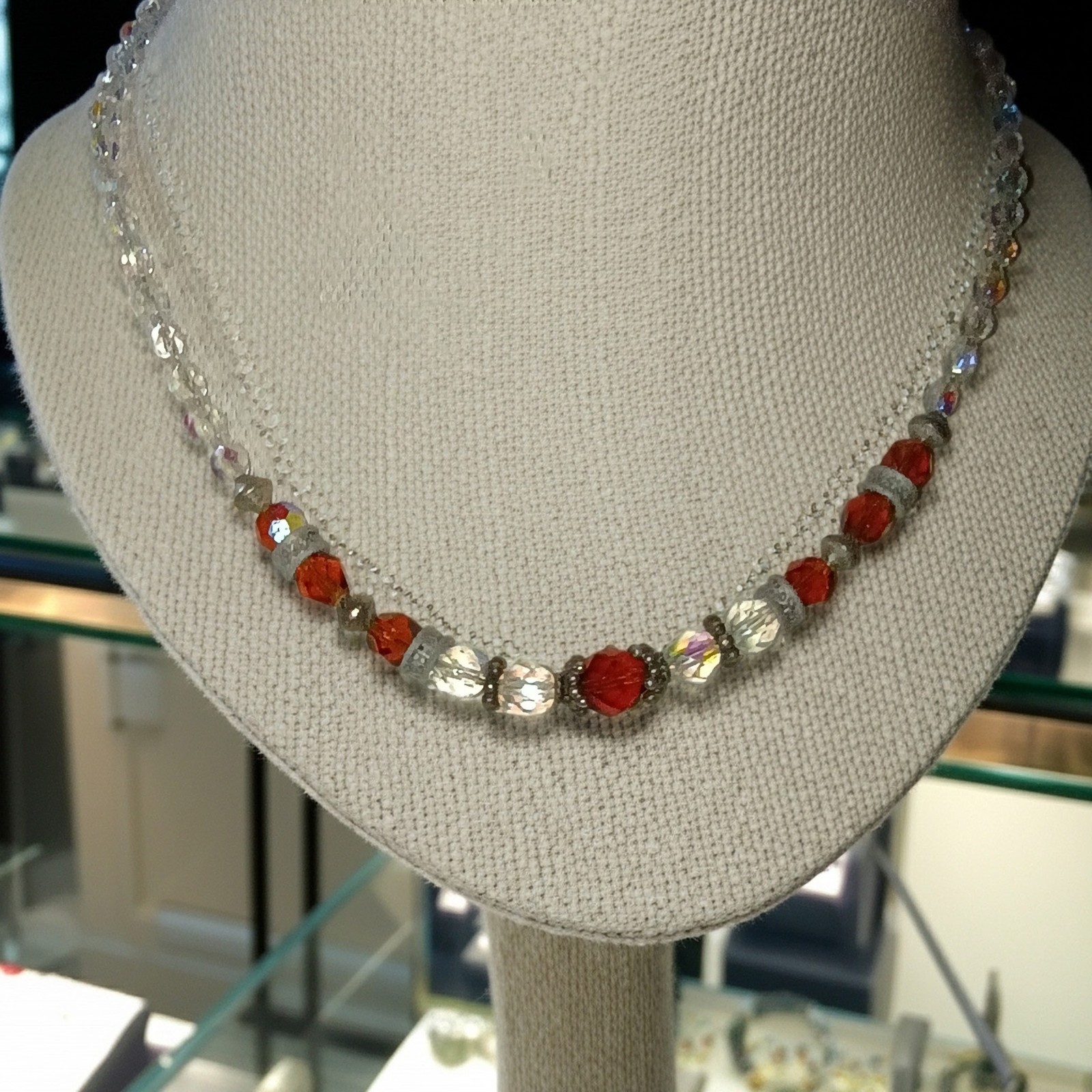 Orange & Clear Faceted Glass Beaded Necklace, Silver Tone, 14 in, Lobster Clasp
