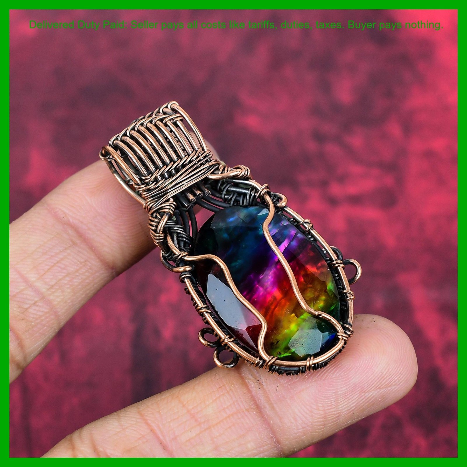 Cyber Monday Deal Copper Ammolite Gemstone Anniversary Gift Wire Wrapped Pendant