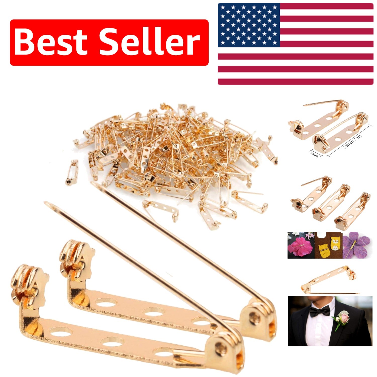 Complete Set of 200 Gold Brooch Pin Backs – 1 Inch Clasp for Crafts & Insignia
