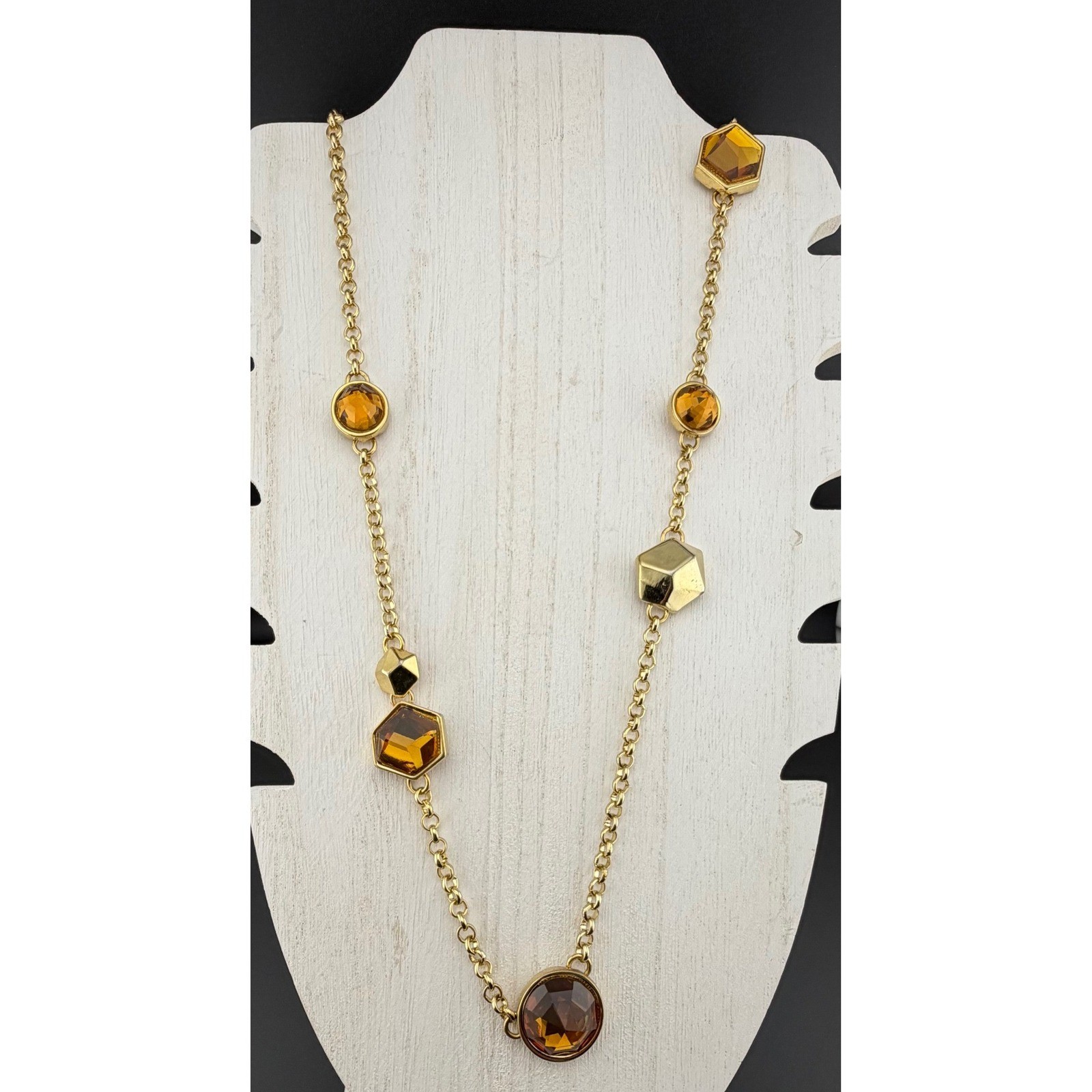 Etienne Aigner Station Necklace 35in Gold Tone Amber Colored Geometric READ