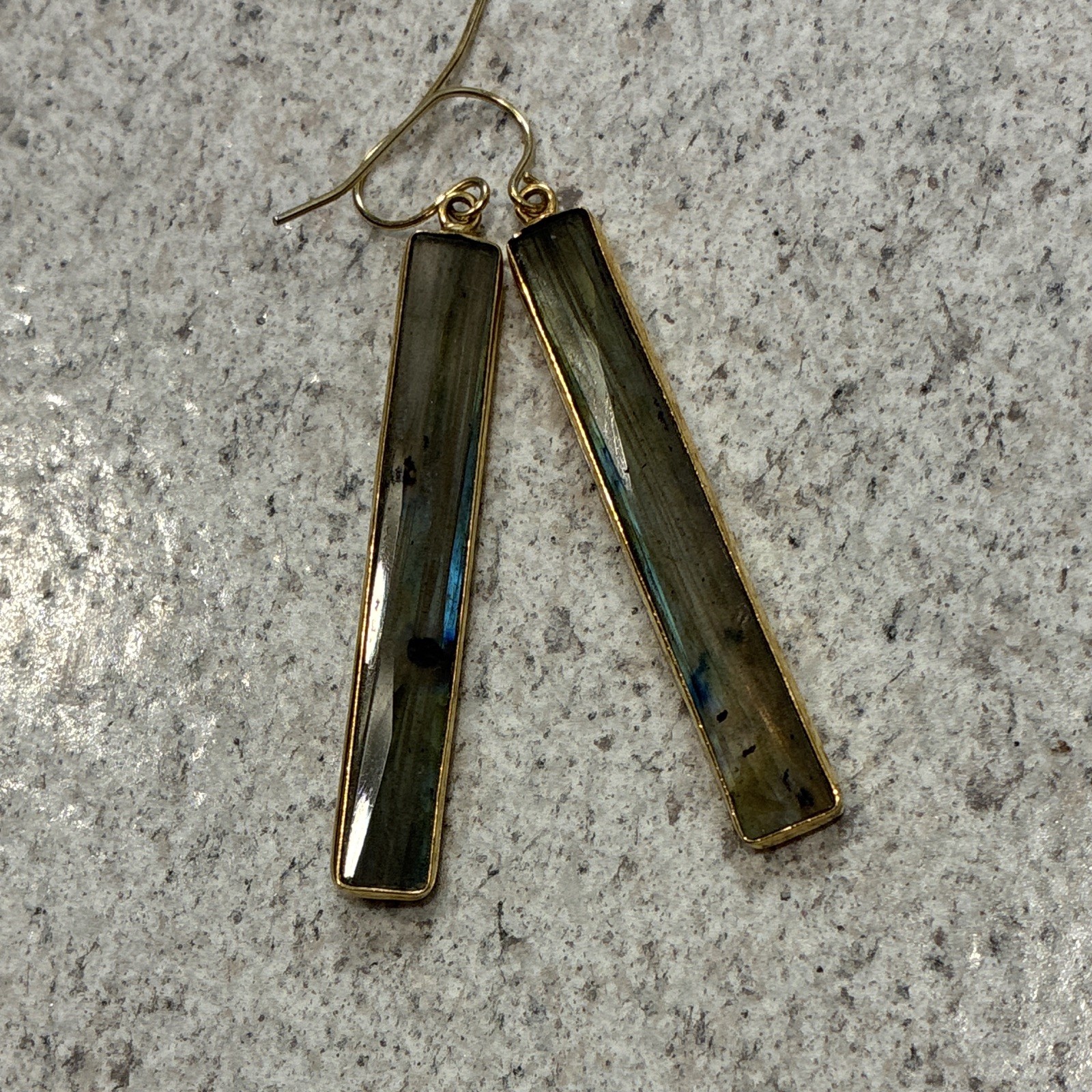 Natural Labradorite Rectangle Bezel Set Dangle Earrings Gold Tone Hook Pair