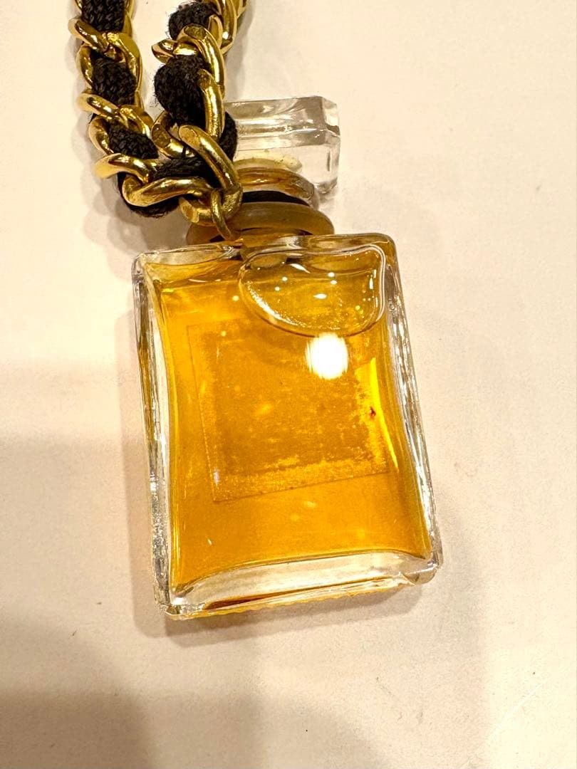 CHANEL Perfume Necklace Coco Logo Vintage Matelasse Chain Black Gold 58cm Womans
