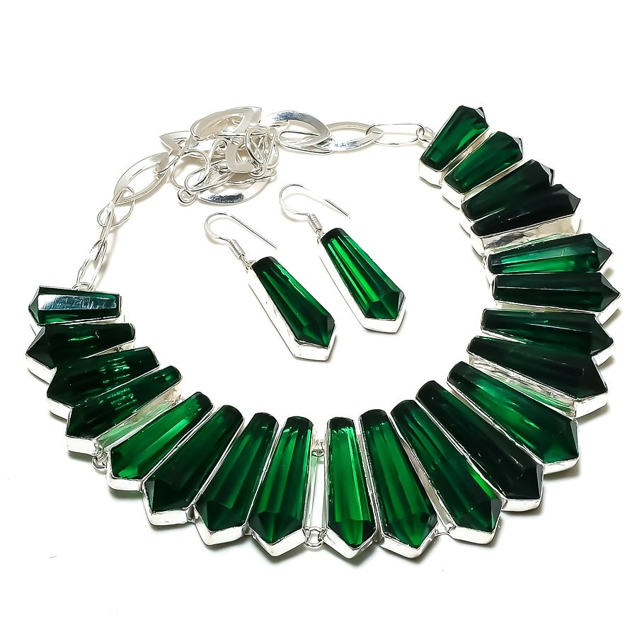 Chrome Diopside Pencil Shape Gemstone Necklace+Earring Handmade Amazing Jewelry