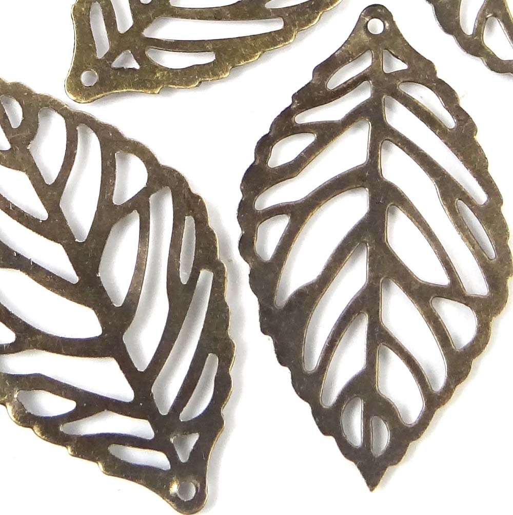20 Antiqued Bronze Filigree Leaf Stamp Focal Pendant 35x20mm