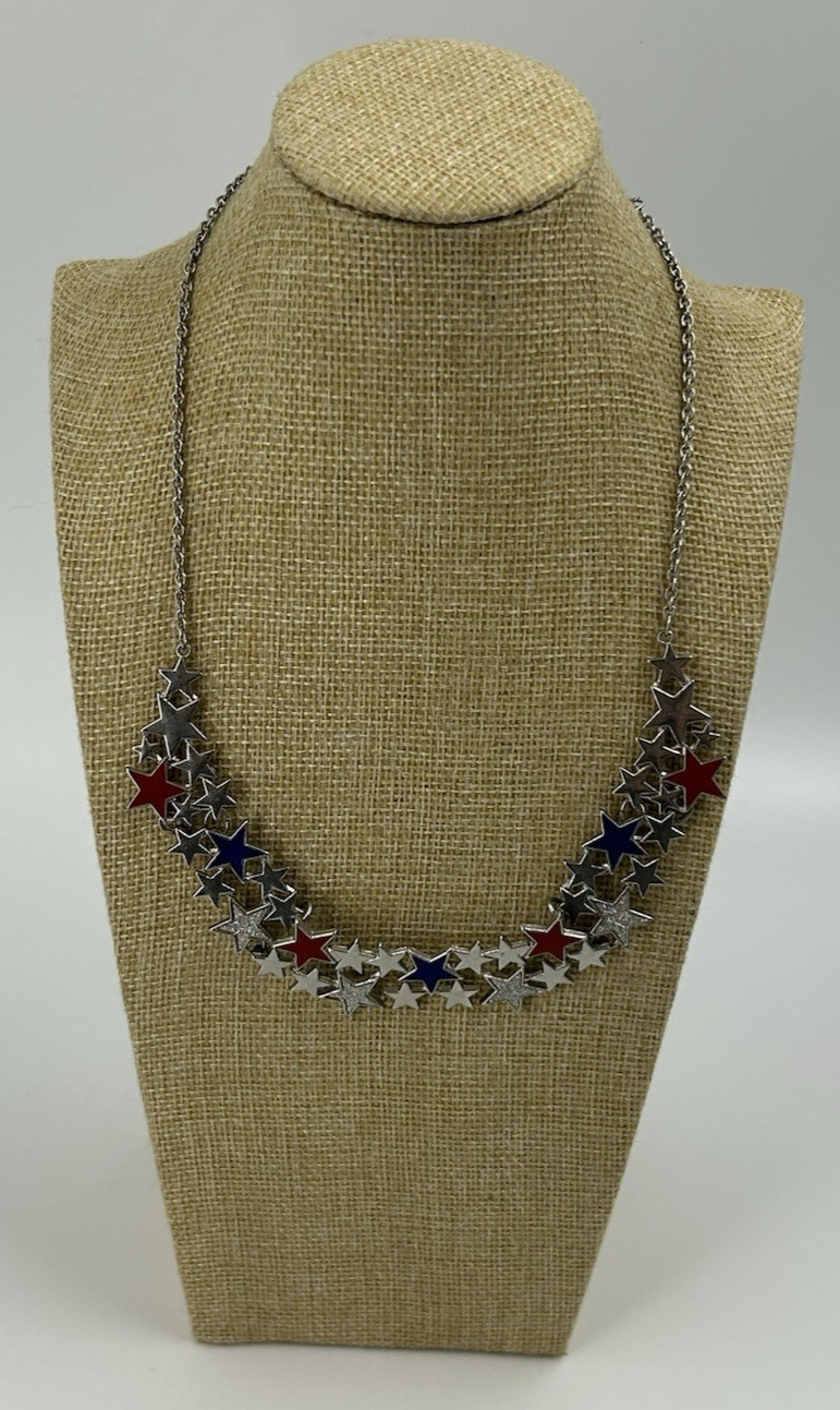 Patriotic Stars Bib Necklace Womens Red Blue Enamel Silver Tone Glitter 19-22″