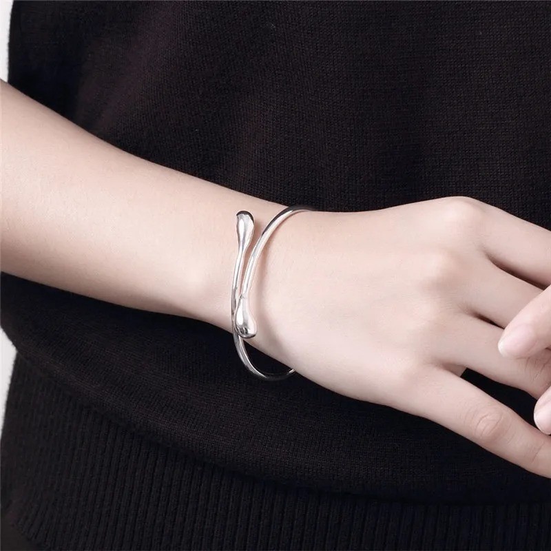 Silver Open Cuff Bangle Bracelet Adjustable Water Drop Women Unisex Jewelry
