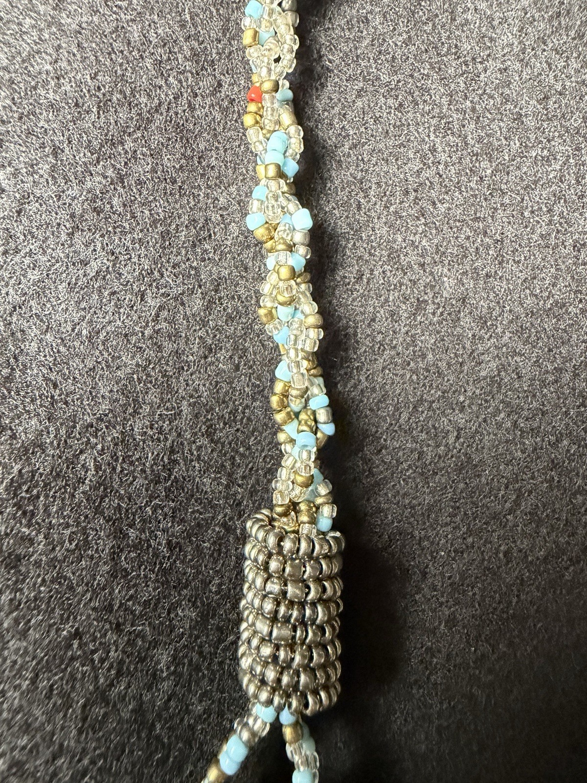 Statement Seed Bead Bib Necklace Blue Silver Gold Multi Strand Artisan Boho