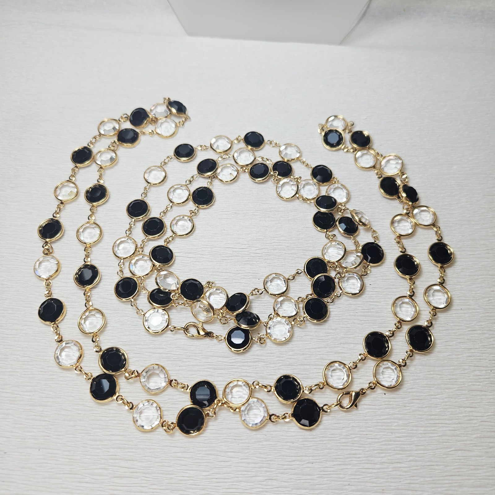 2 Bezel Set Open Back Crystal Necklaces Black Clear Gold 36″ Each 11mm Crystals