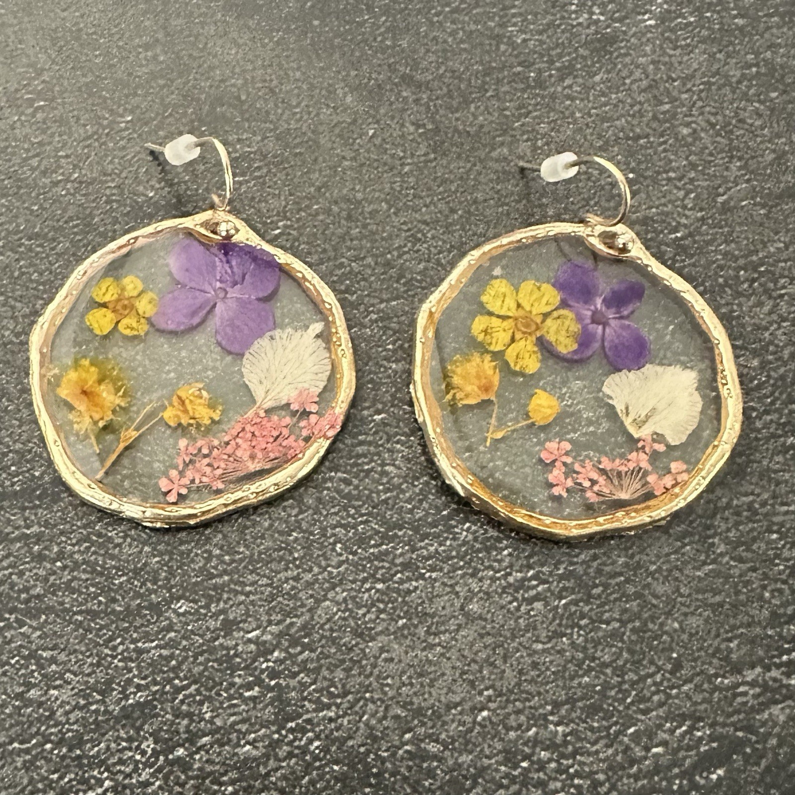 Real Pressed Flower Botanical Dangle Earrings Clear Resin Gold Plated