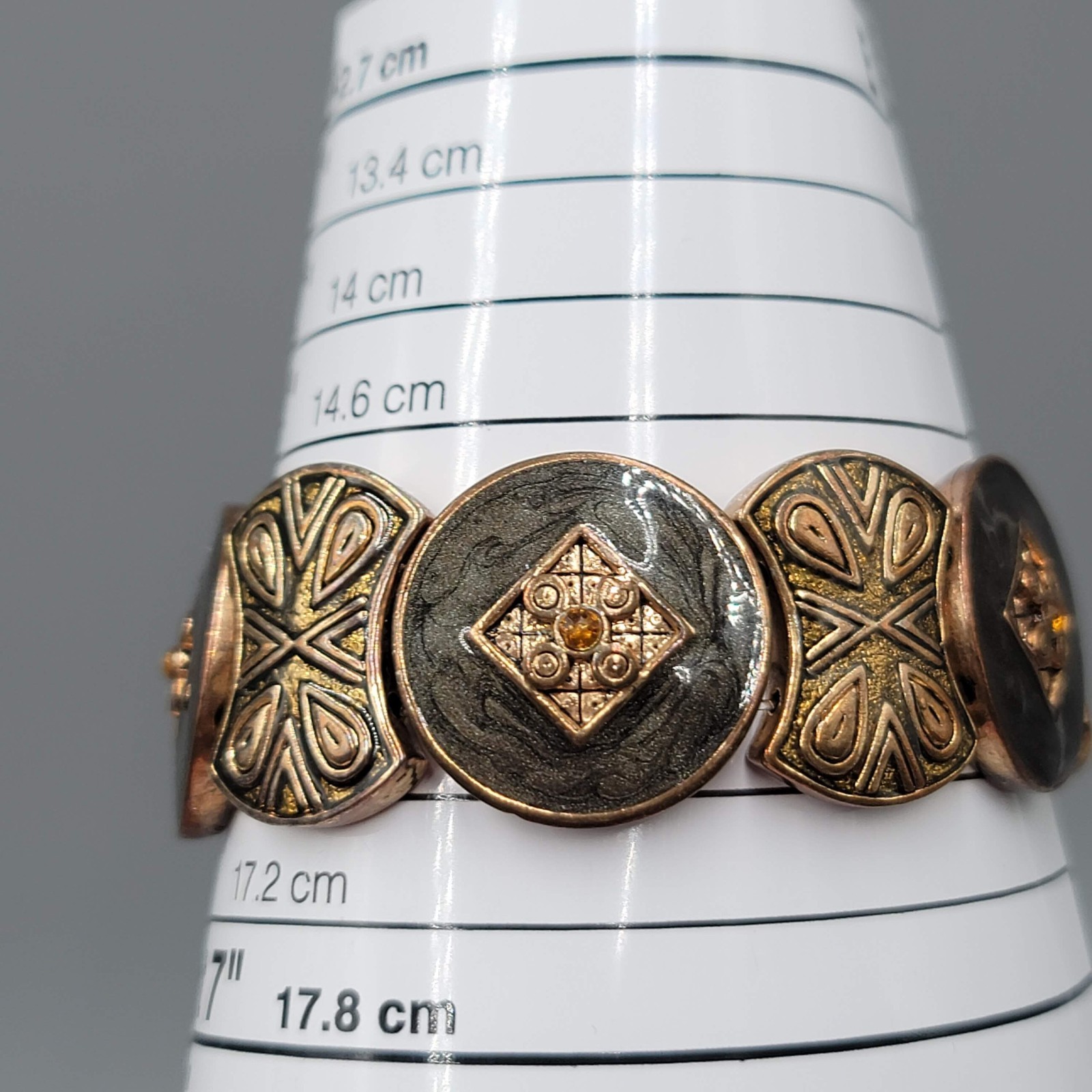 Enamel Medallion Bracelet Bronze tone Elastic 6.25″