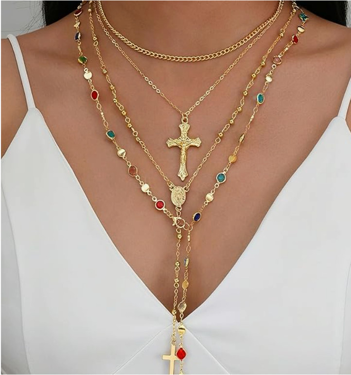 4PCS Layered Bohemian Bead Pearl Y Long Pendant Necklace Set Gold Cross Necklace