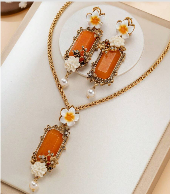 JEWELRY SET-Retro Palace Style Floral Faux Pearl and Rhinestone Set