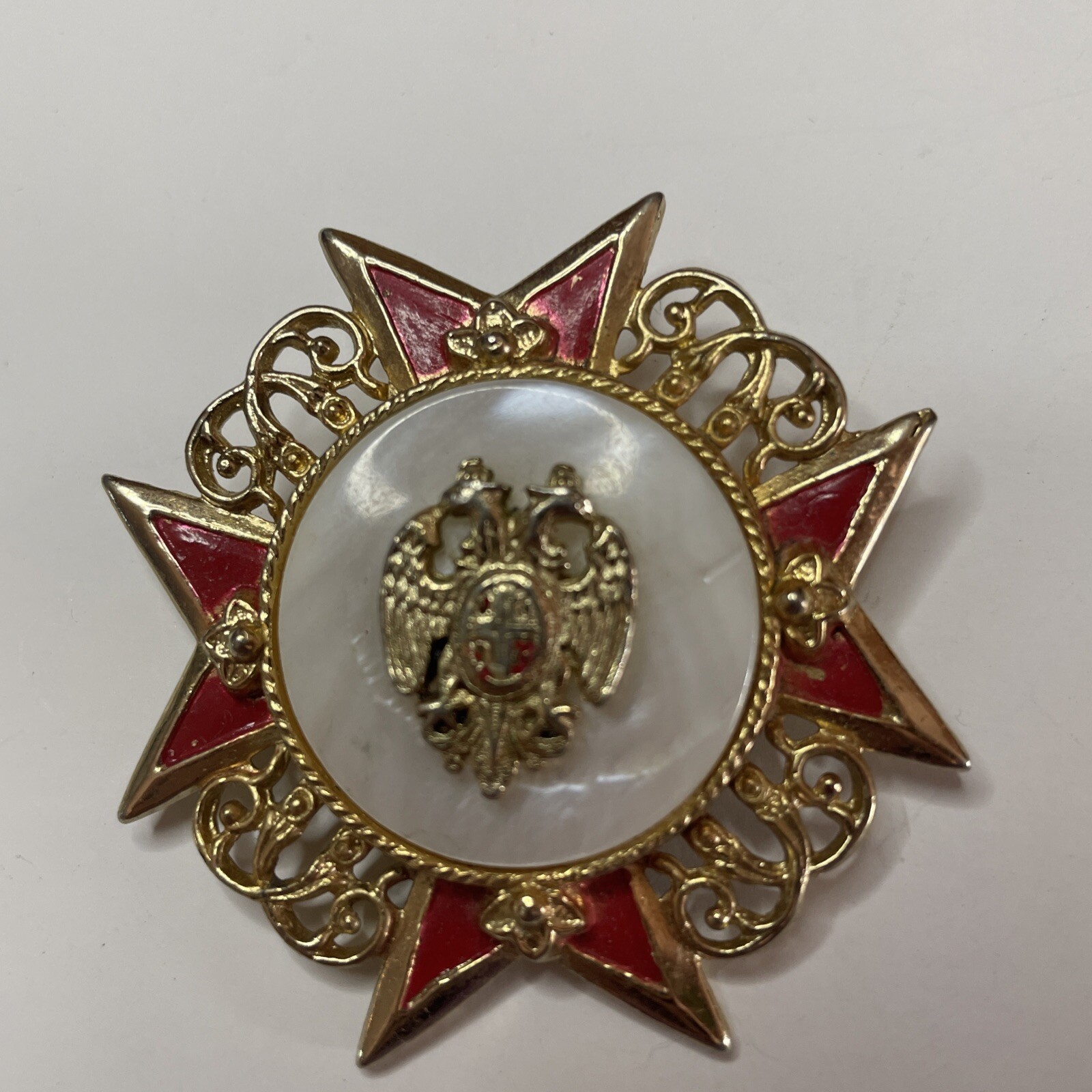 Coro Brooch Pin Mother of Pearl Double Eagle Crest Signed Vintage Army