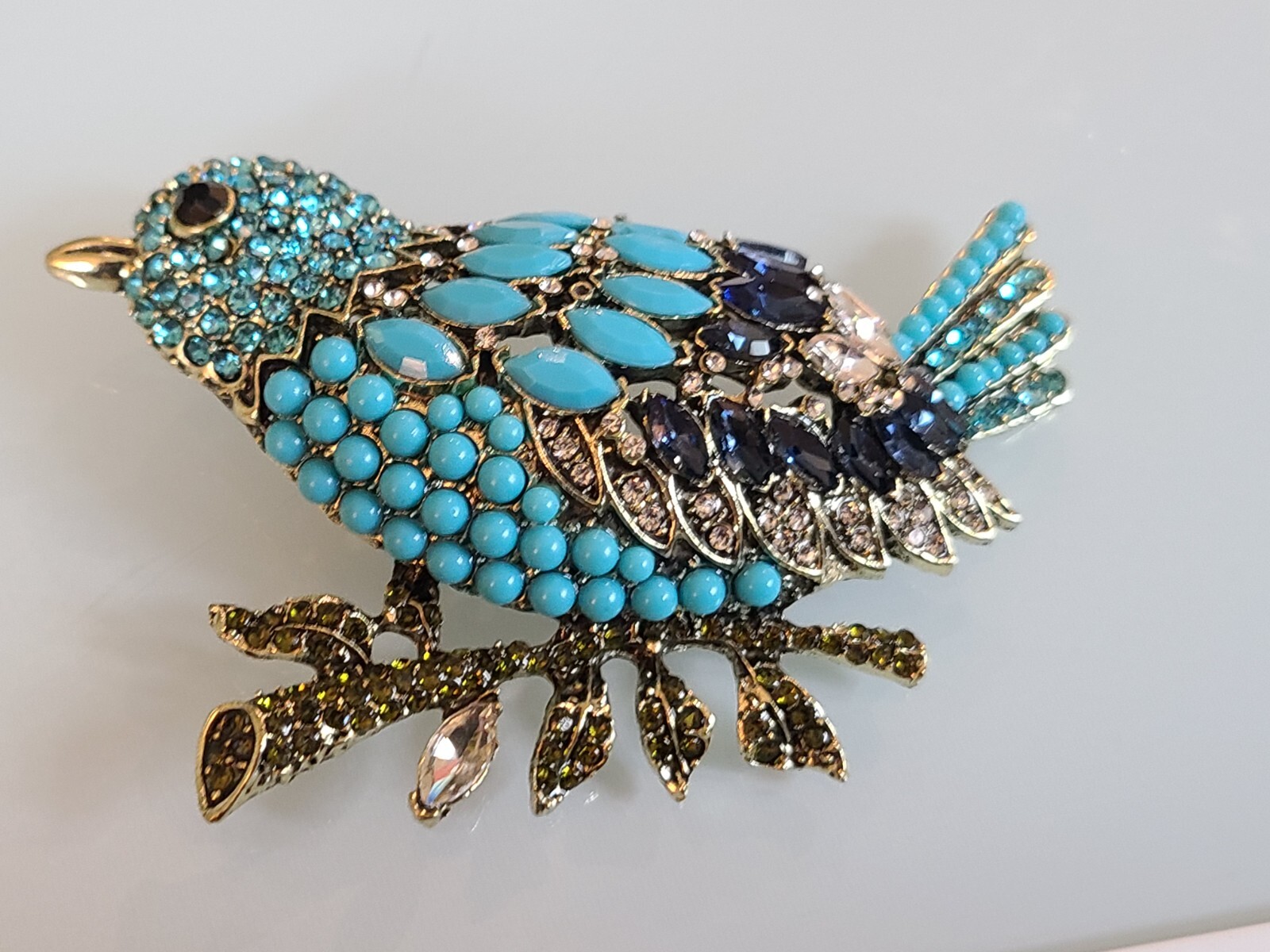 FAB HUGE 3.75″ New UNSIGNED I DESIGNER MARQUISE RHINESTONE BLUE BIRD PIN