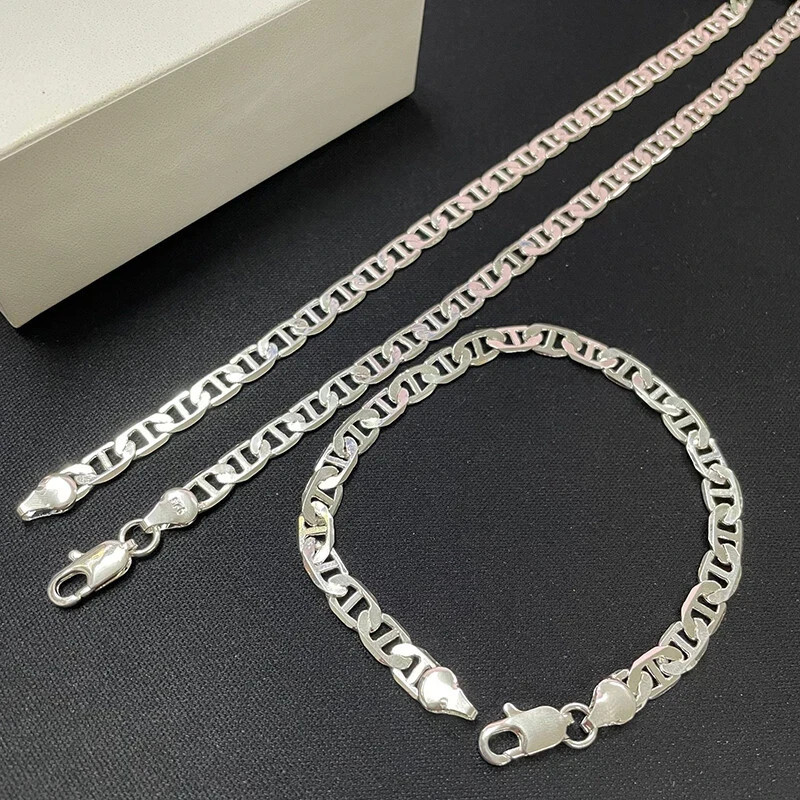 925 Sterling Silver 6mm Fashion Chain Jewelry Set Women Bracelet Necklace Set