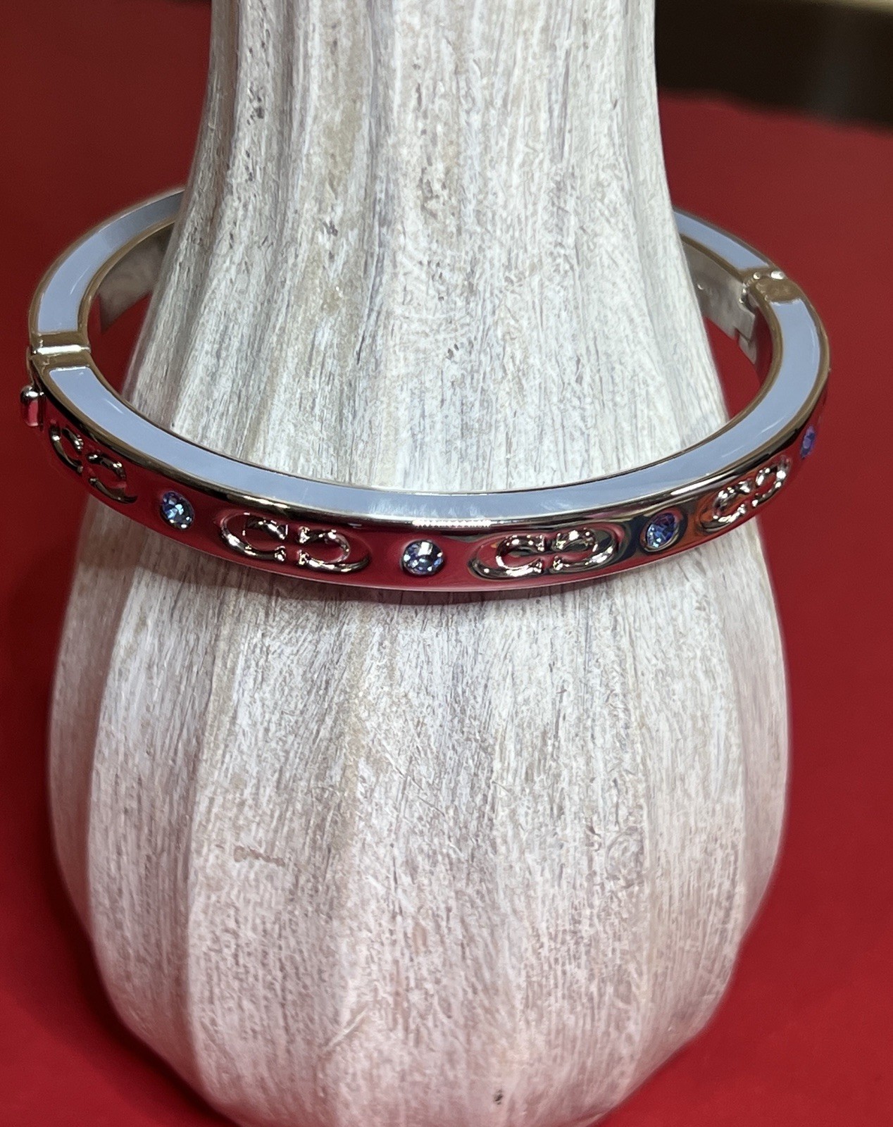 Coach Kissing C Hinged Bangle Bracelet Silver with Pool Crystal Accents – F59083