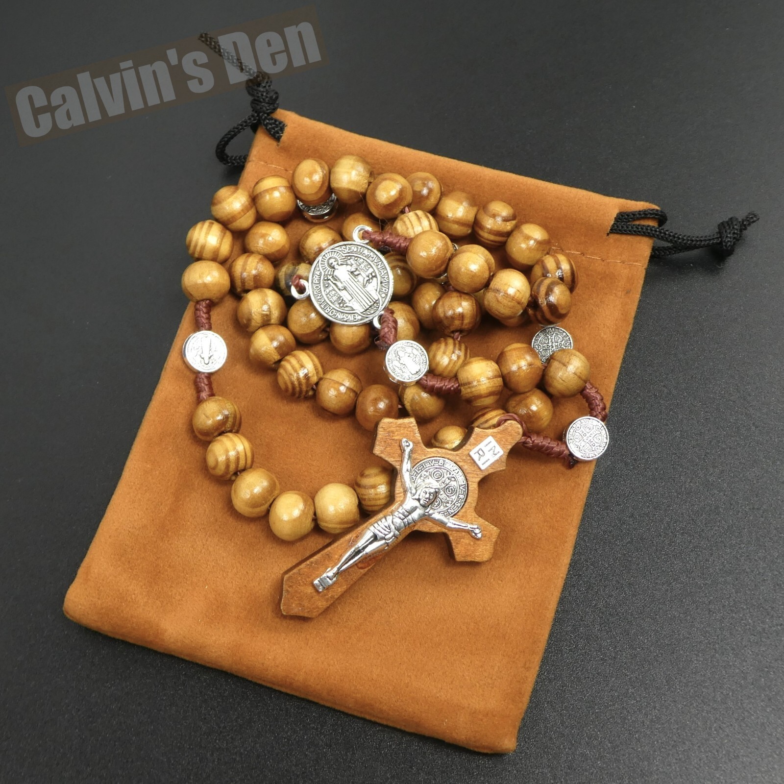 St Benedict Rosary Necklace Dark Wood Bead Five Decade Crucifix Cross Men Gift