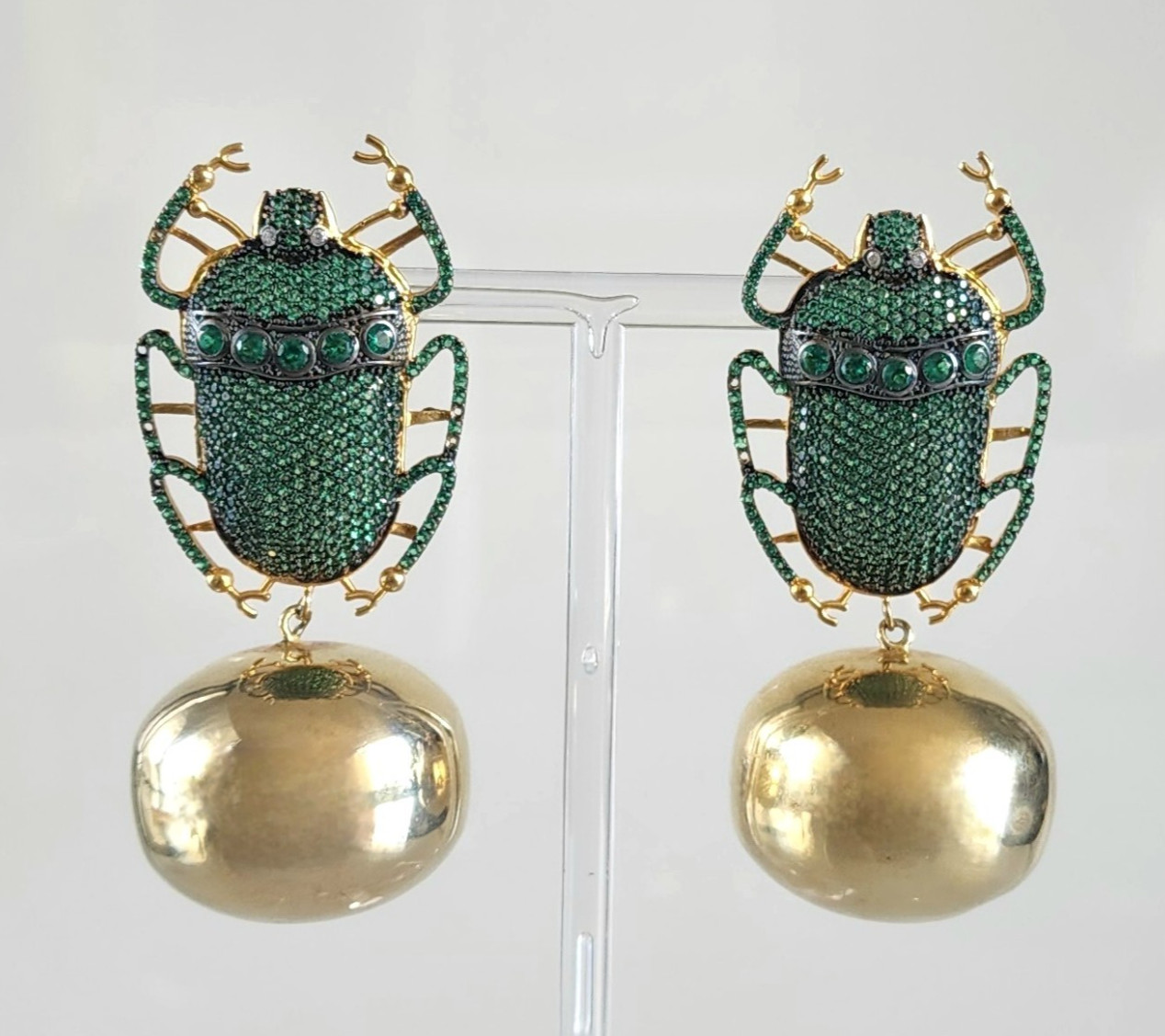 Oversized Beetle Earrings Gold Plated & Pave Simulated Emerald Begum Khan Style