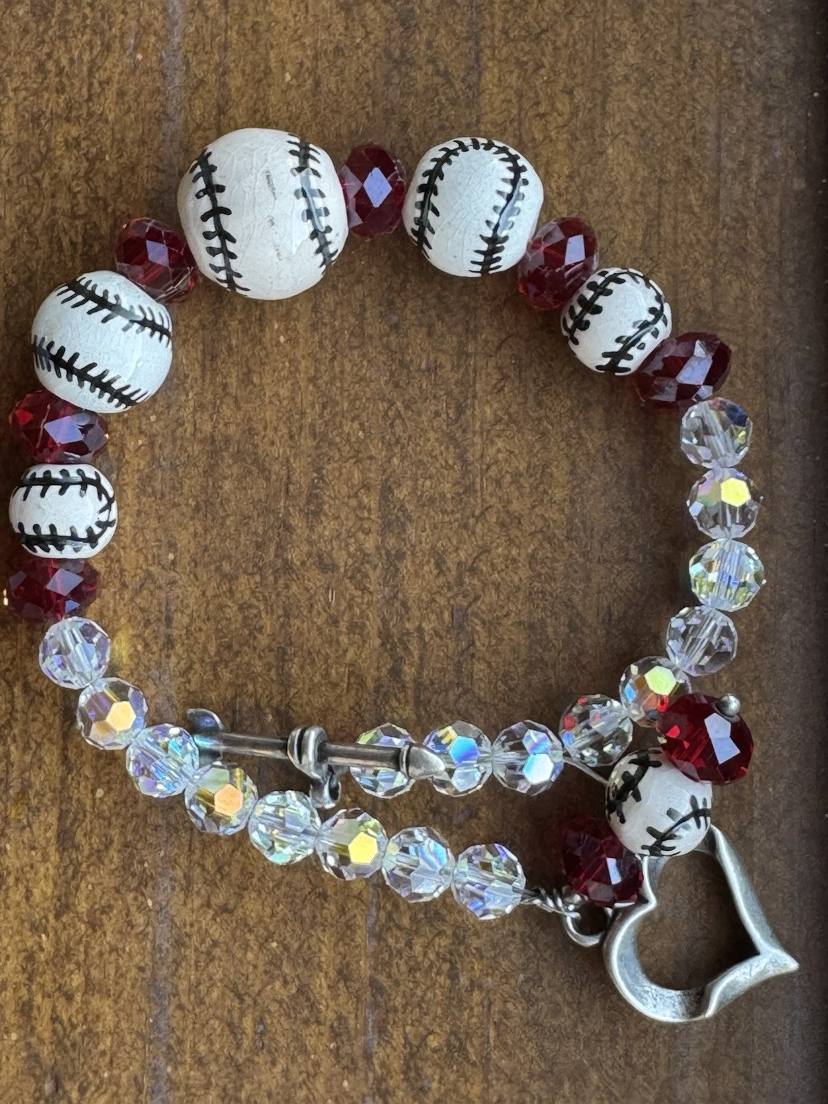 Sterling Silver 925 Beaded Crystals Baseball Bracelet W/heart Charm Sports 8”
