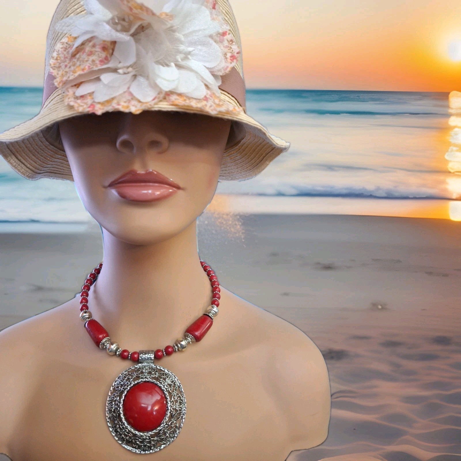 Red Round Pendant Acrylic Red Beads Casual Party Beach Statement Necklace