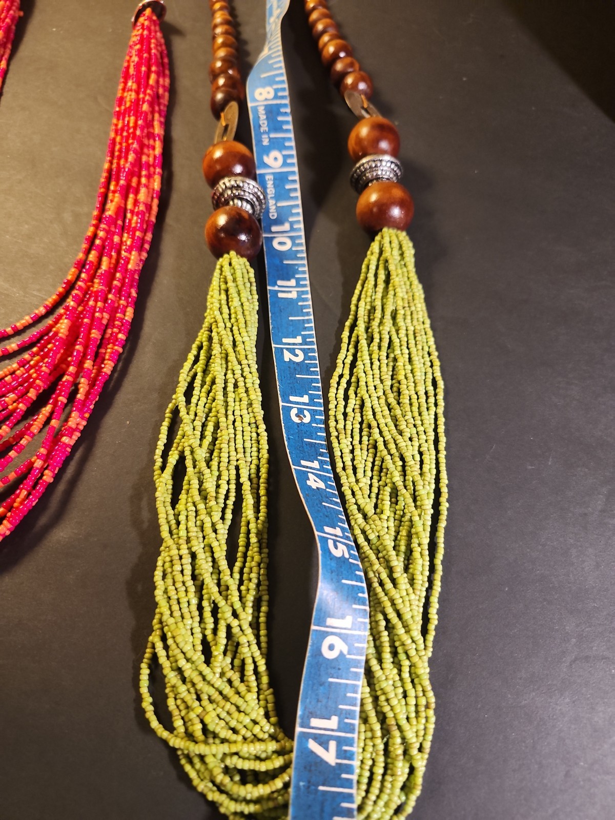Beaded Long Necklace Statement Green Wood Red Beach Cruise Summer Party