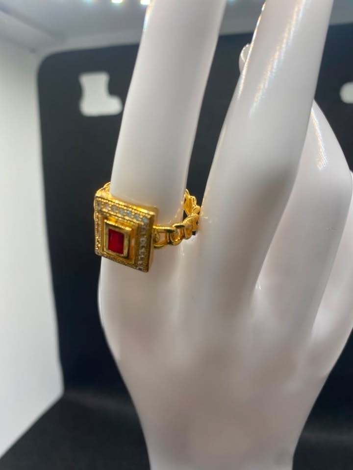 Vintage Gold Ruby Ring Square Statement Band Red Stone Cubic Zirconia Size 10
